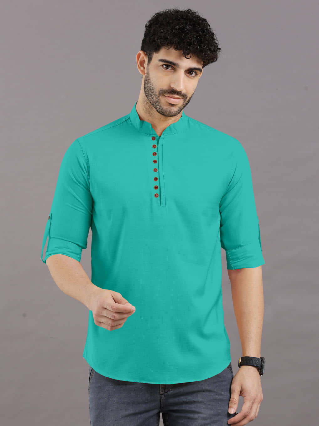 VTEXX Cotton Blend Plain Shirt Style Kurta For Men ( Teal ) - Kurtas & Kurta Sets | Buy online on ZillyBuy