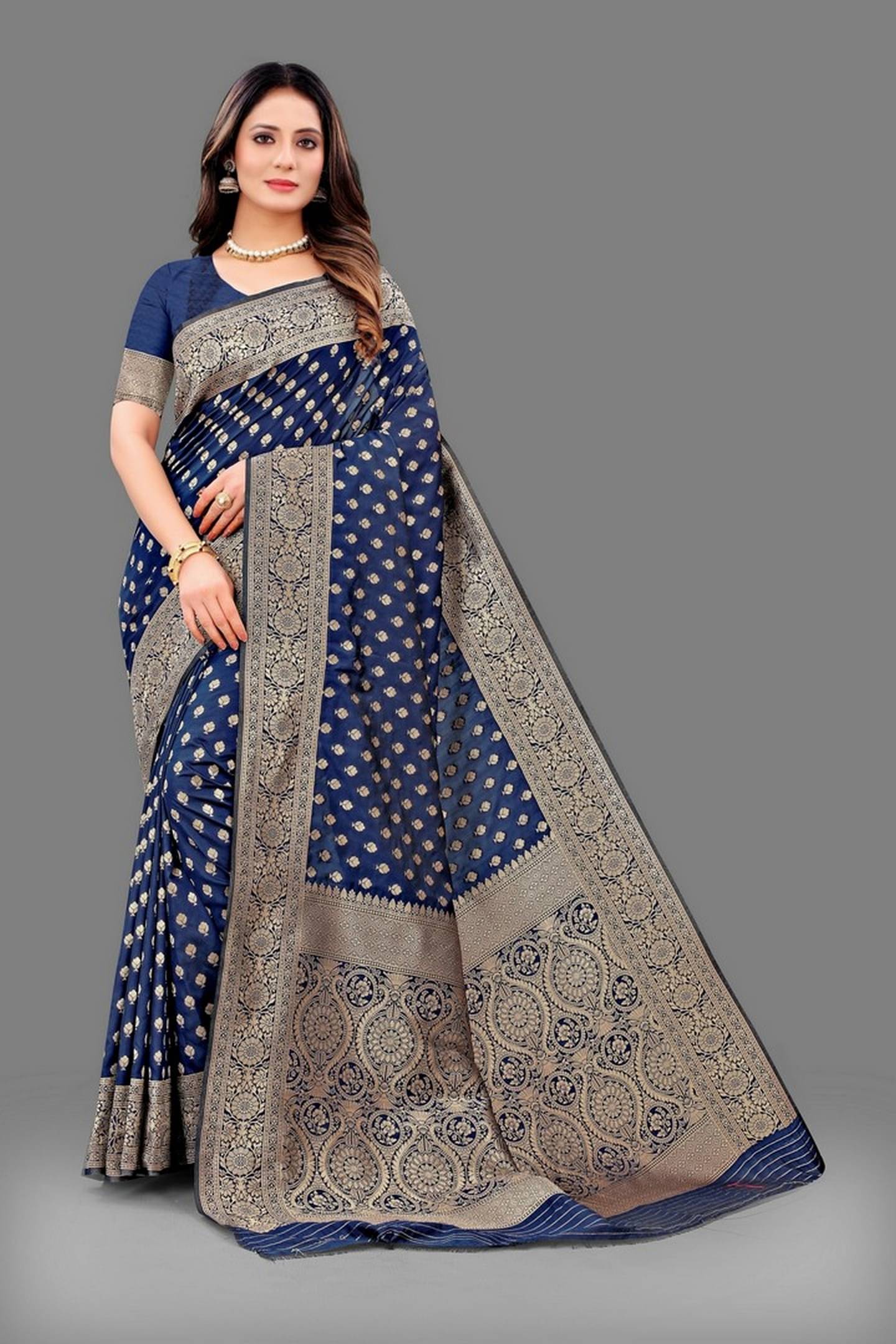 Varni Fabrics Silk Embellished Saree With Unstitched Blouse Piece ( Navy Blue ) Varni Fabrics Silk Embellished Saree With Unstitched Blouse Piece ( Navy Blue )