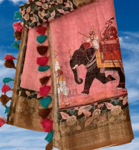     			mahalaxmi fab Linen Applique Saree With Unstitched Blouse Piece ( Pink )