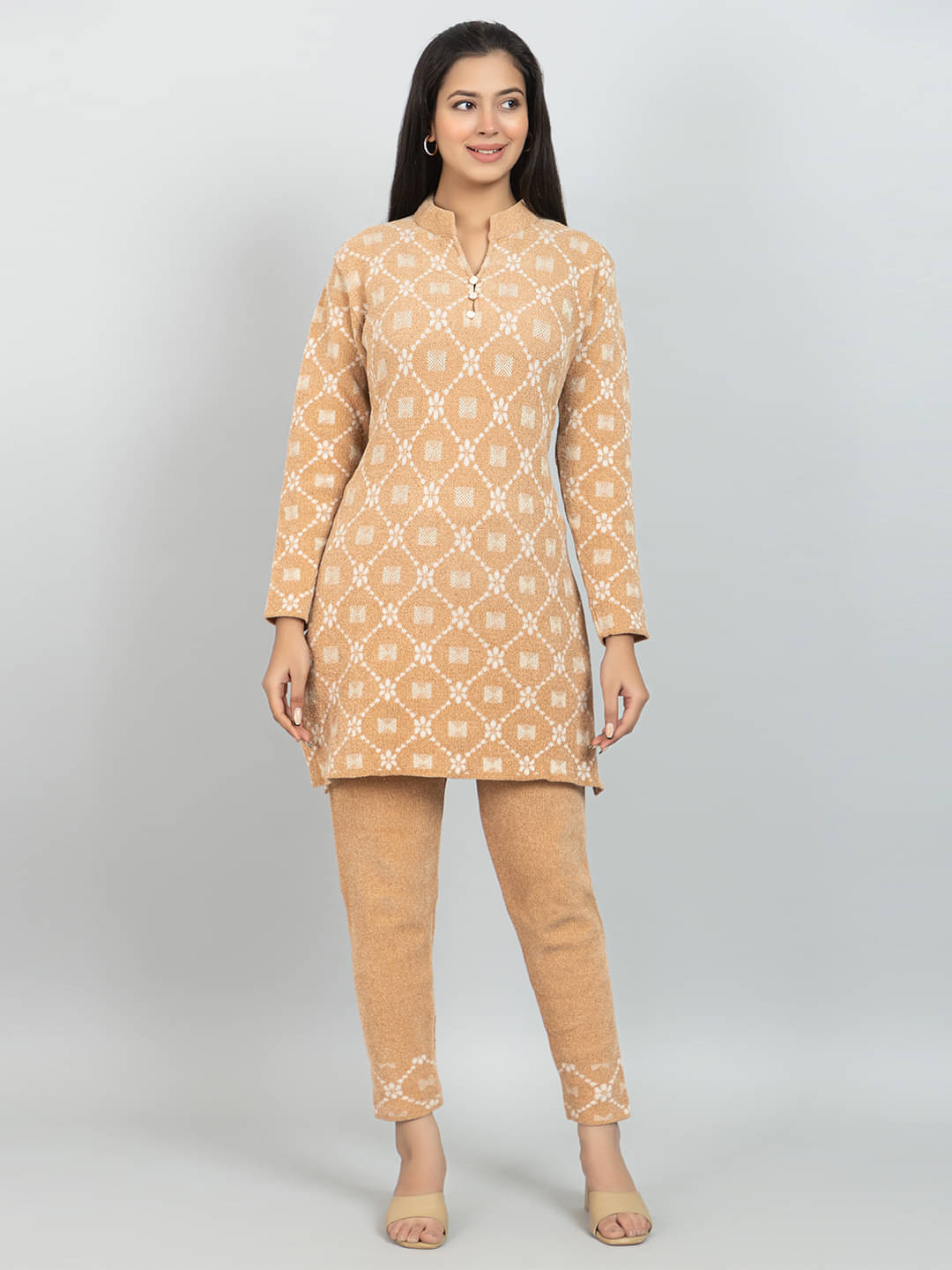     			woolkart Women Self Design Kurta With Palazzos Co-Ord Set ( Beige )