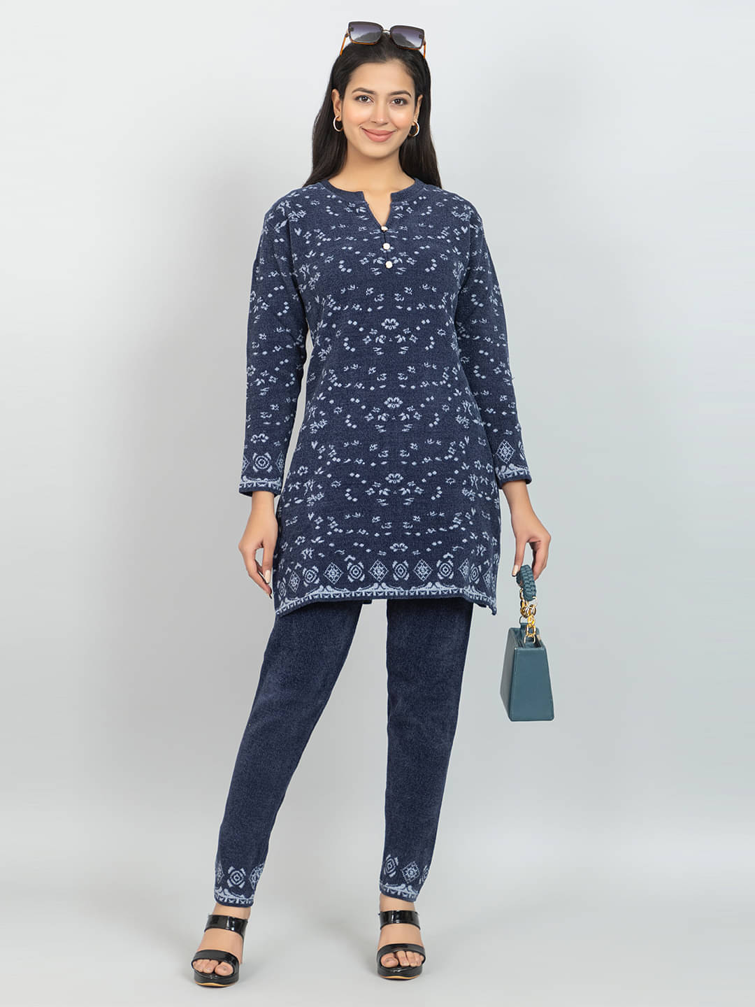     			woolkart Women Printed Kurta With Leggings Co-Ord Set ( Navy )