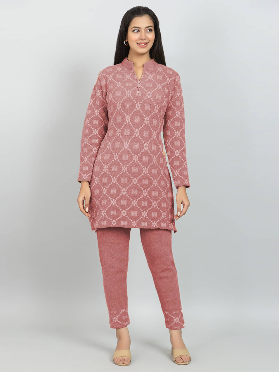     			woolkart Women Self Design Straight Kurti With Pants ( Red )