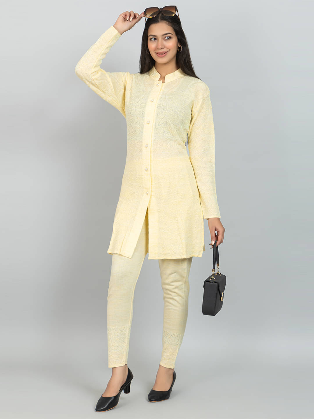 woolkart Women Self Design Front Slit Kurti With Pants ( Yellow ) woolkart Women Self Design Front Slit Kurti With Pants ( Yellow )