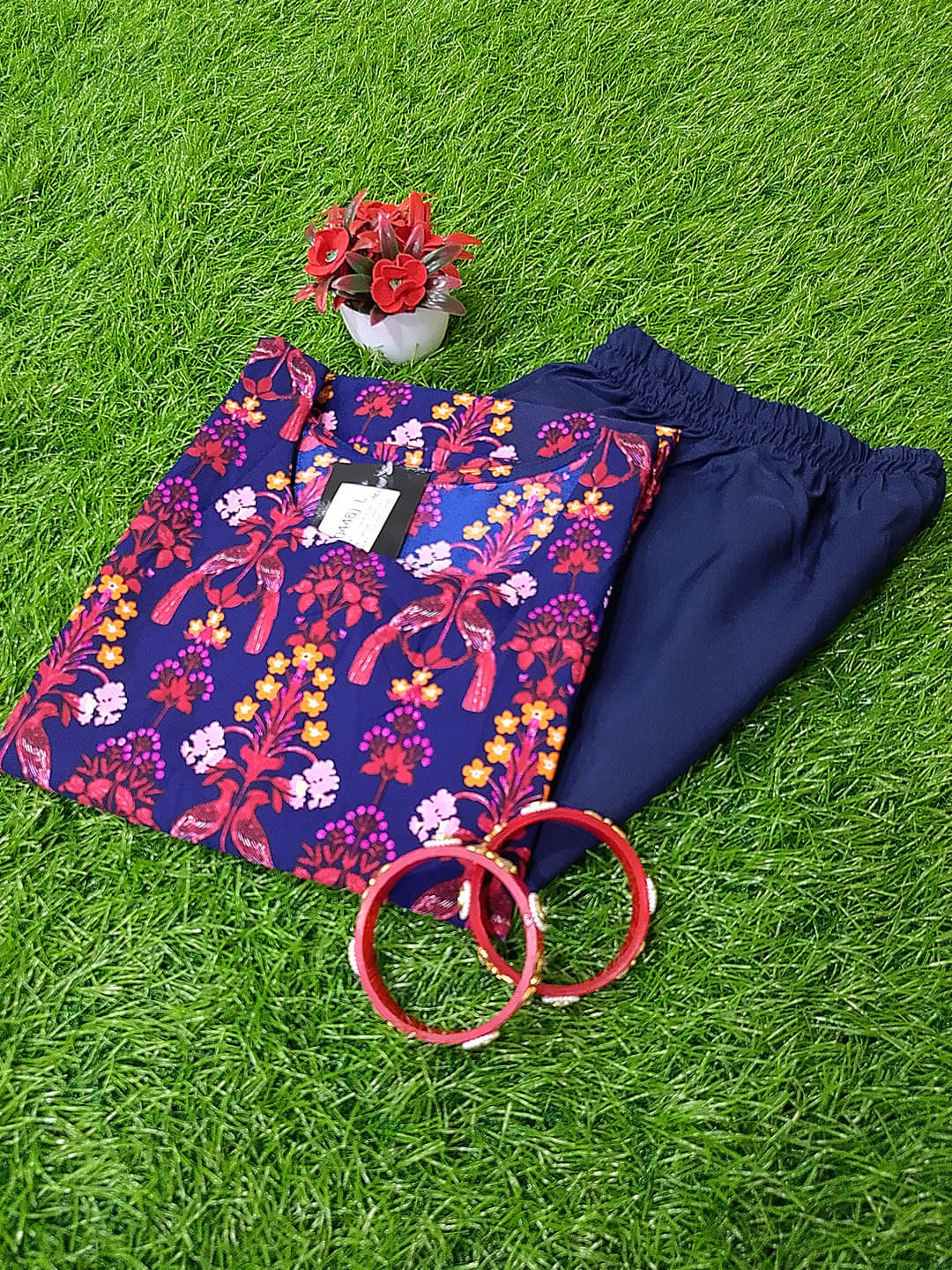 Ethnicbasket Crepe Printed Kurti With Pants Women's Stitched Salwar Suit - Navy Blue ( Pack of 1 )     			Ethnicbasket Crepe Printed Kurti With Pants Women's Stitched Salwar Suit - Navy Blue ( Pack of 1 )