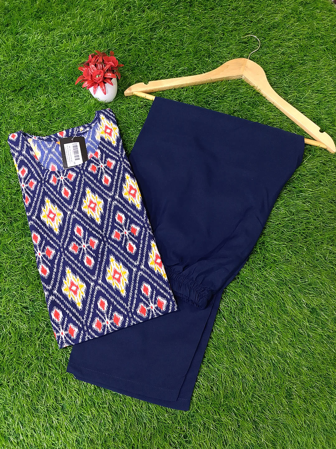     			Ethnicbasket Crepe Printed Kurti With Pants Women's Stitched Salwar Suit - Navy Blue ( Pack of 1 )