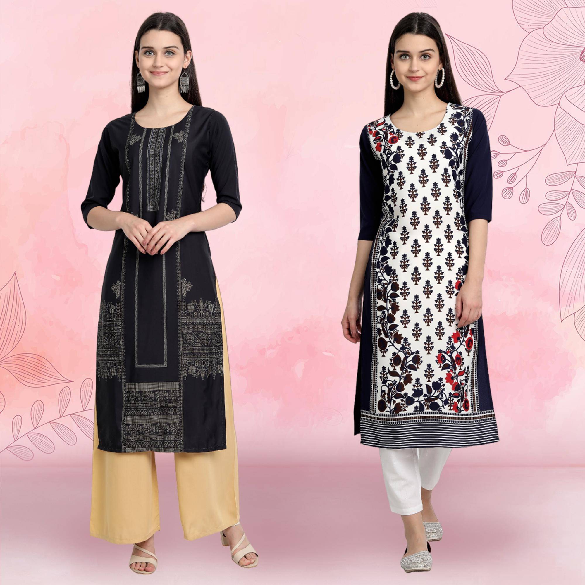 Ethnicbasket Pack of 2 Crepe Printed Straight Women's Kurti - ( Multicolor3 ) Ethnicbasket Pack of 2 Crepe Printed Straight Women's Kurti - ( Multicolor3 )