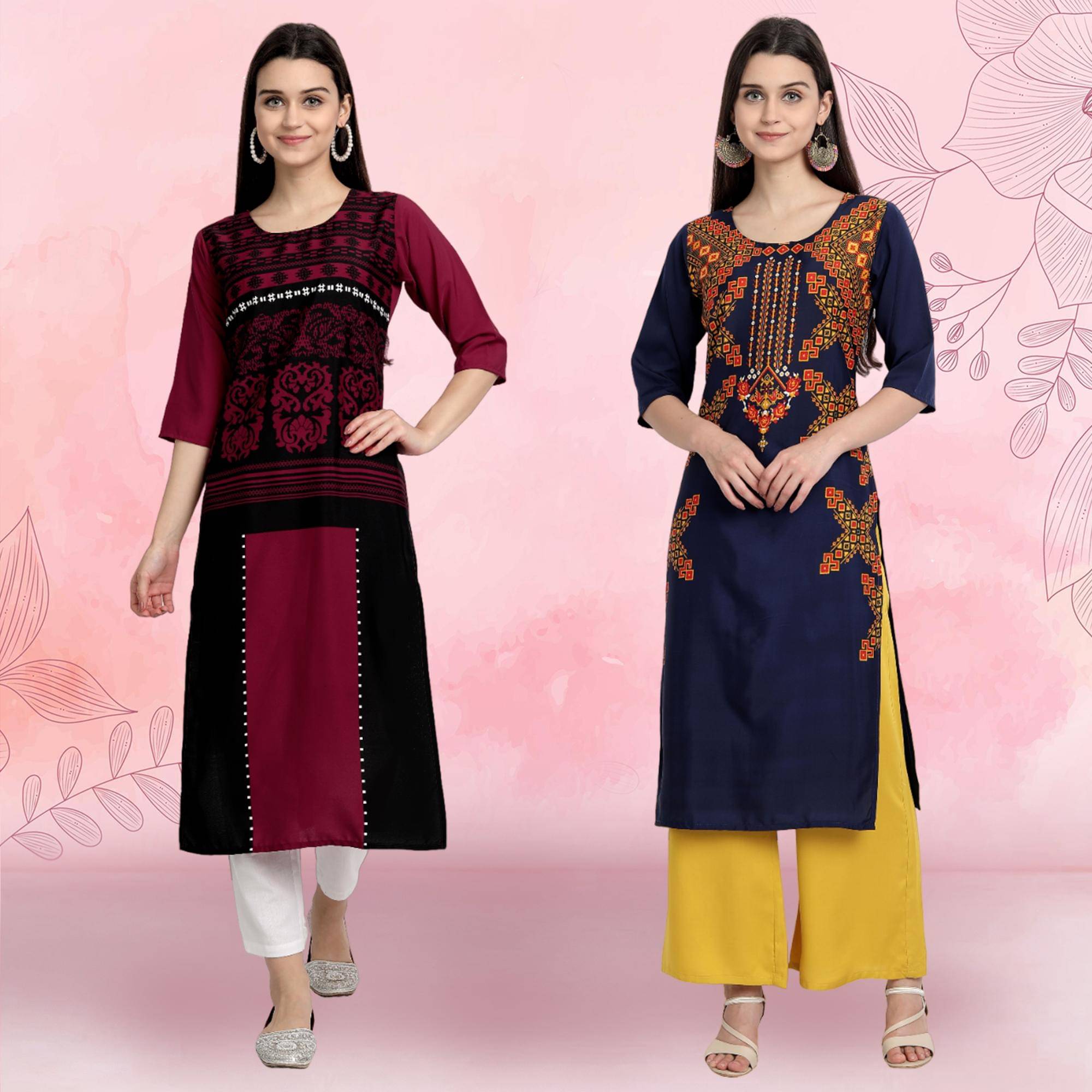 Ethnicbasket Pack of 2 Crepe Printed Straight Women's Kurti - ( Multicolor1 )     			Ethnicbasket Pack of 2 Crepe Printed Straight Women's Kurti - ( Multicolor1 )