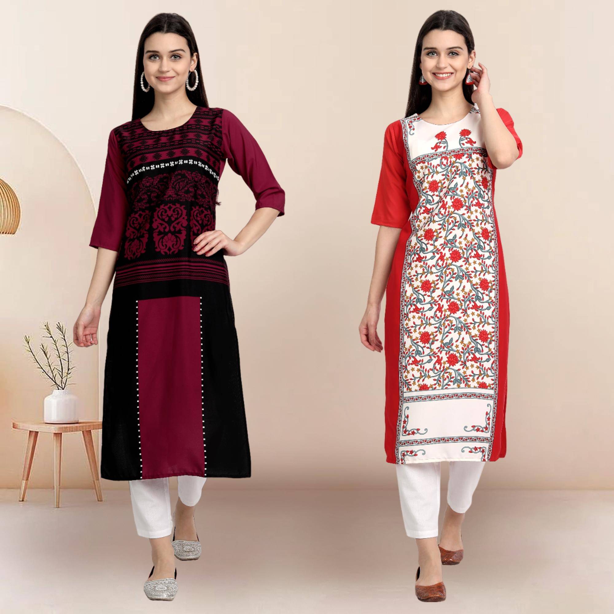     			Ethnicbasket Pack of 2 Crepe Printed Straight Women's Kurti - ( Multicolor3 )