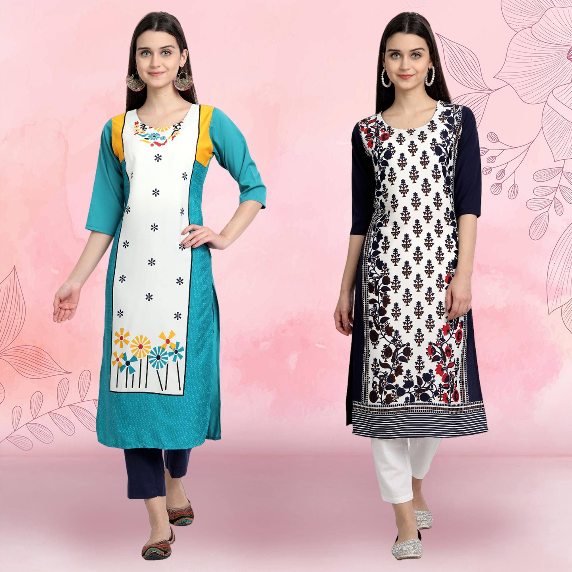     			Ethnicbasket Pack of 2 Crepe Printed Straight Women's Kurti - ( Multicolor3 )