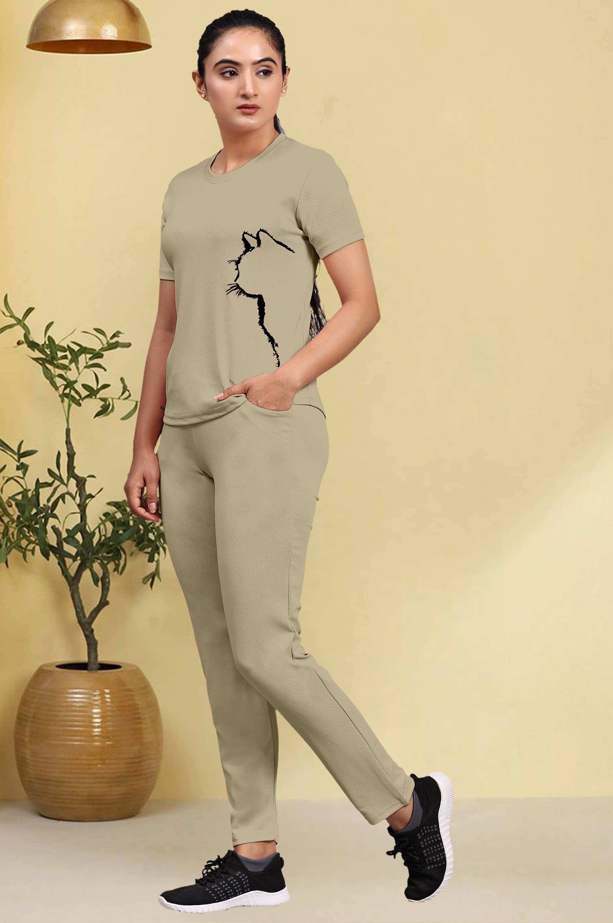     			CUBIQ Beige Cotton Blend Printed Tracksuit - Pack of 1