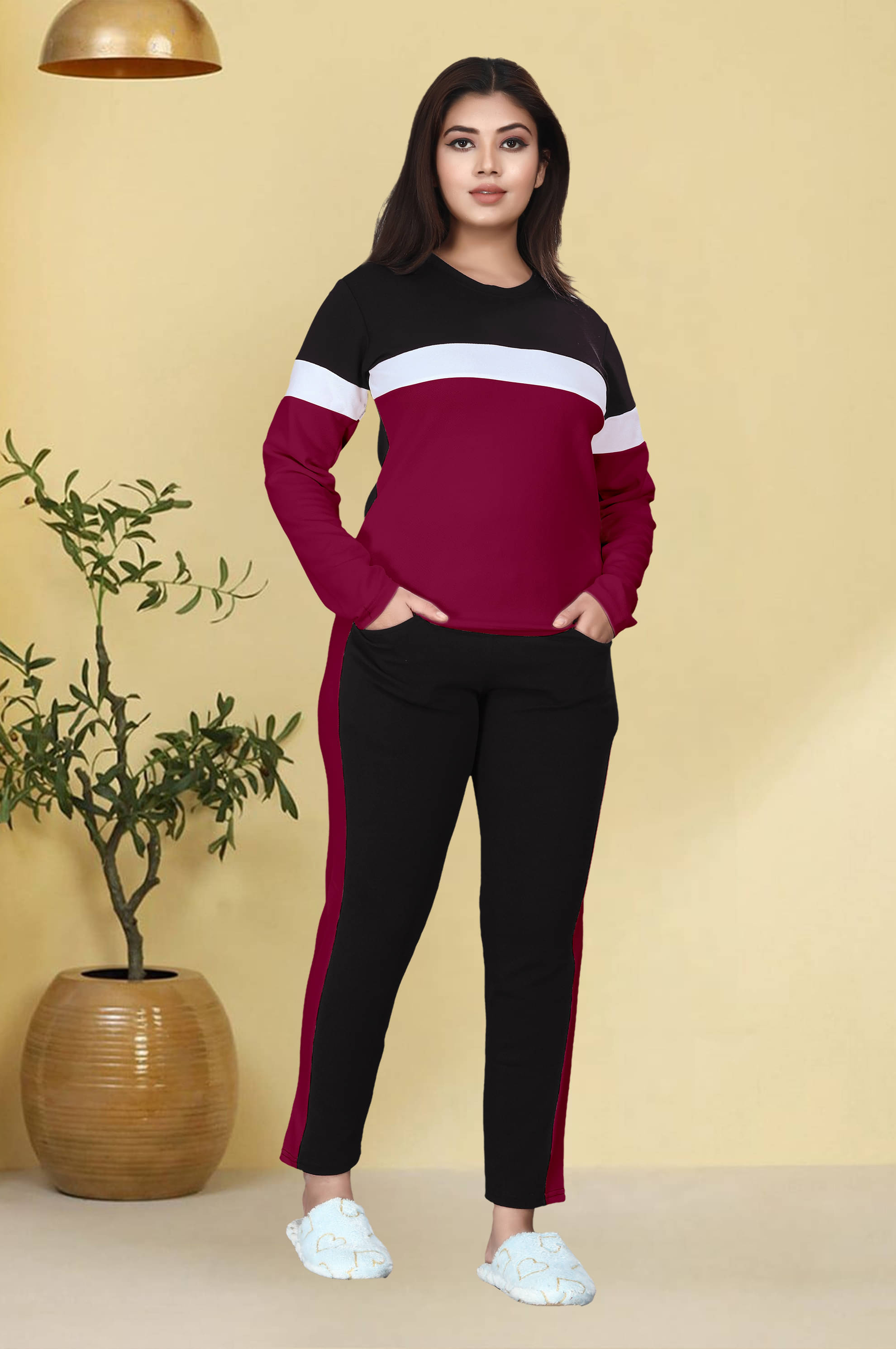     			CUBIQ Maroon Cotton Blend Striped Tracksuit - Pack of 1