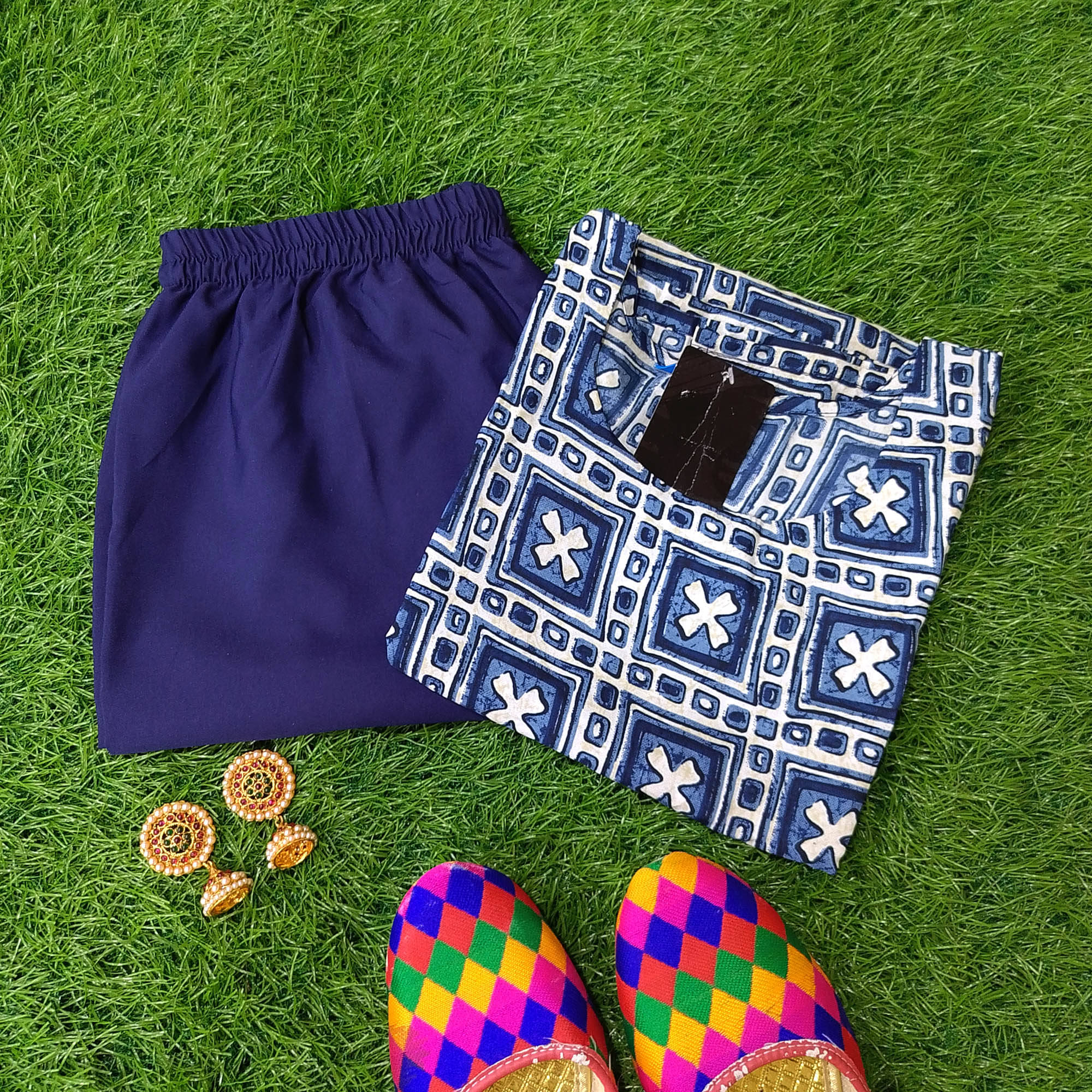 Ethnicbasket Crepe Printed Kurti With Pants Women's Stitched Salwar Suit - Navy Blue ( Pack of 1 )     			Ethnicbasket Crepe Printed Kurti With Pants Women's Stitched Salwar Suit - Navy Blue ( Pack of 1 )