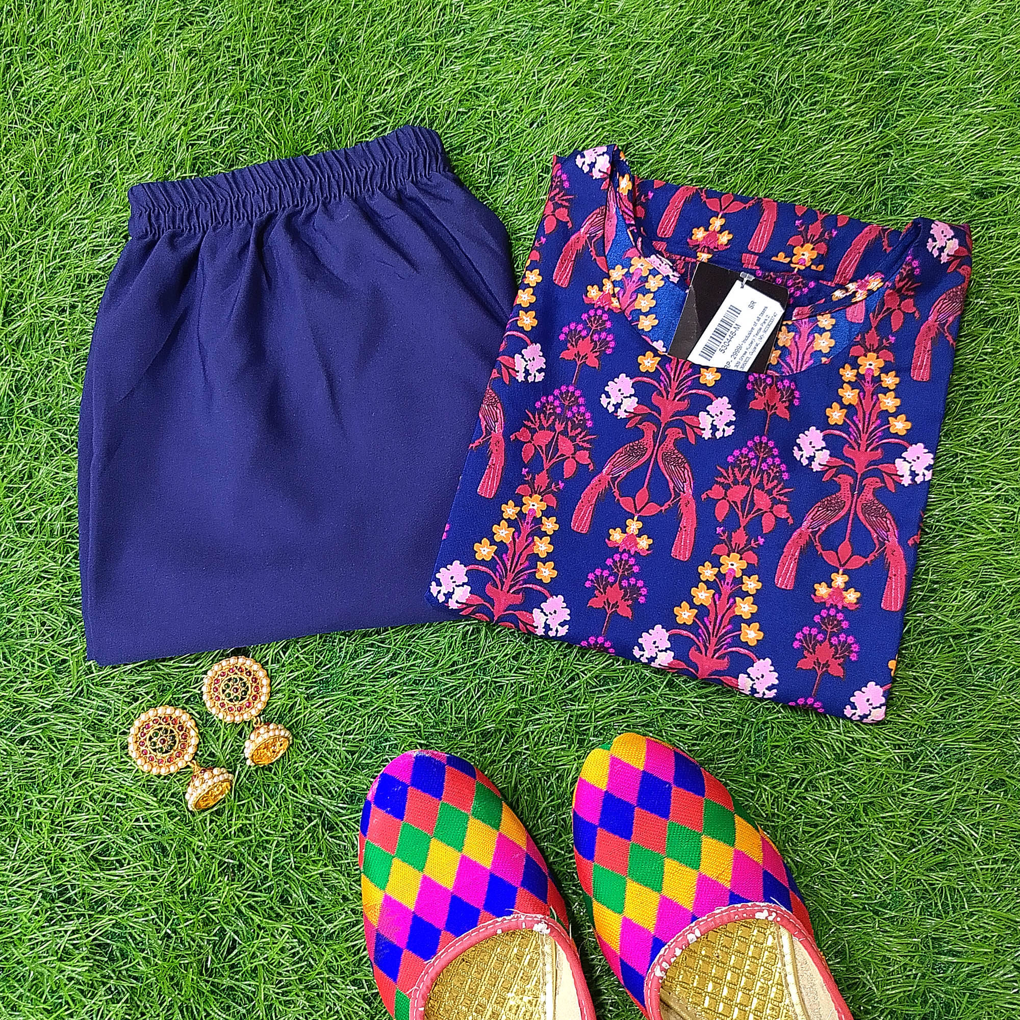     			Ethnicbasket Crepe Printed Kurti With Pants Women's Stitched Salwar Suit - Navy Blue ( Pack of 1 )