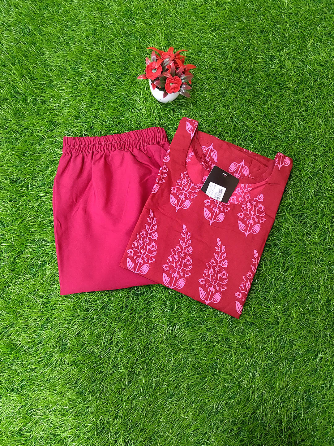     			Ethnicbasket Crepe Printed Kurti With Pants Women's Stitched Salwar Suit - Red ( Pack of 1 )