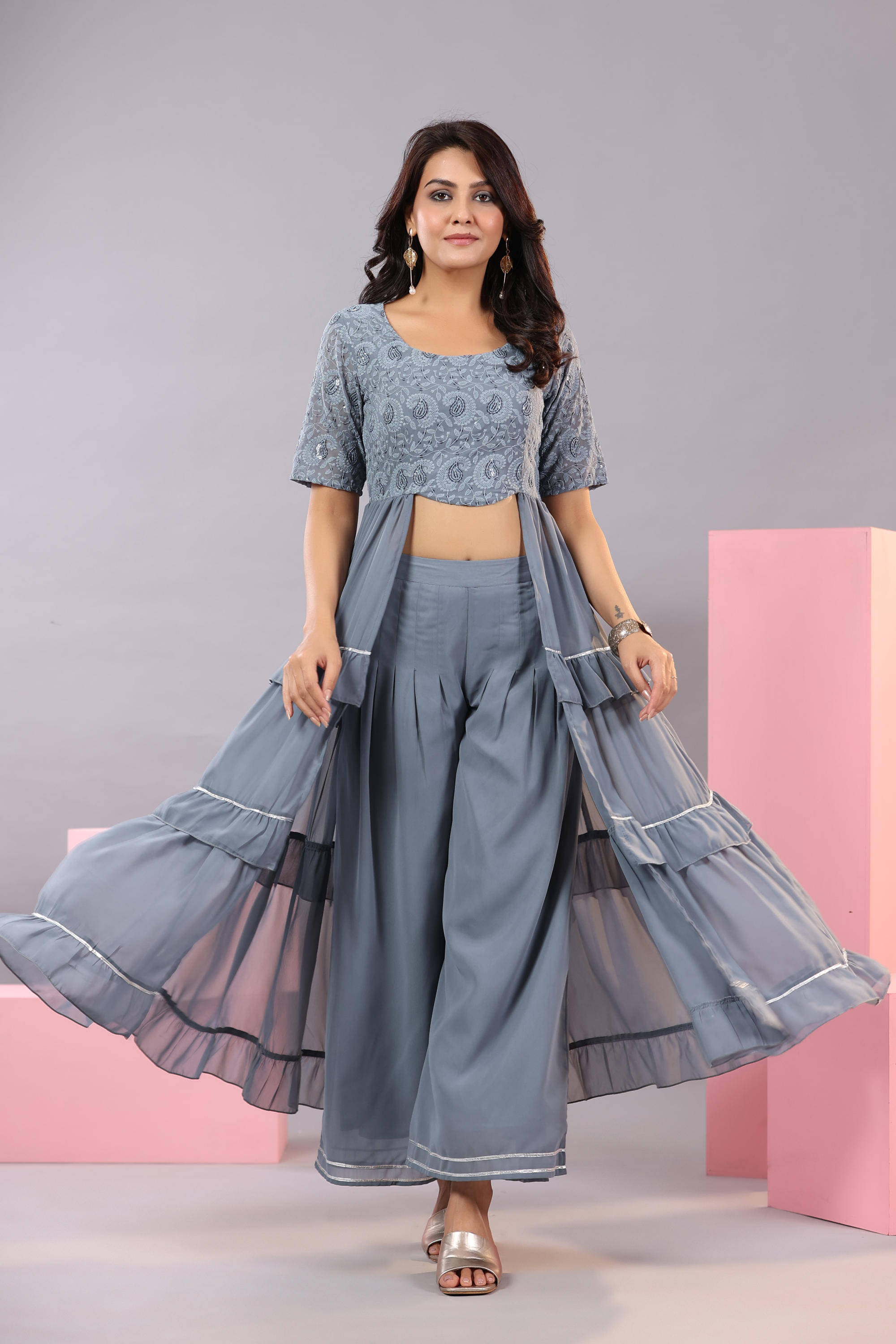     			Juniper Women Embroidered Kurta With Palazzos Co-Ord Set ( Grey )