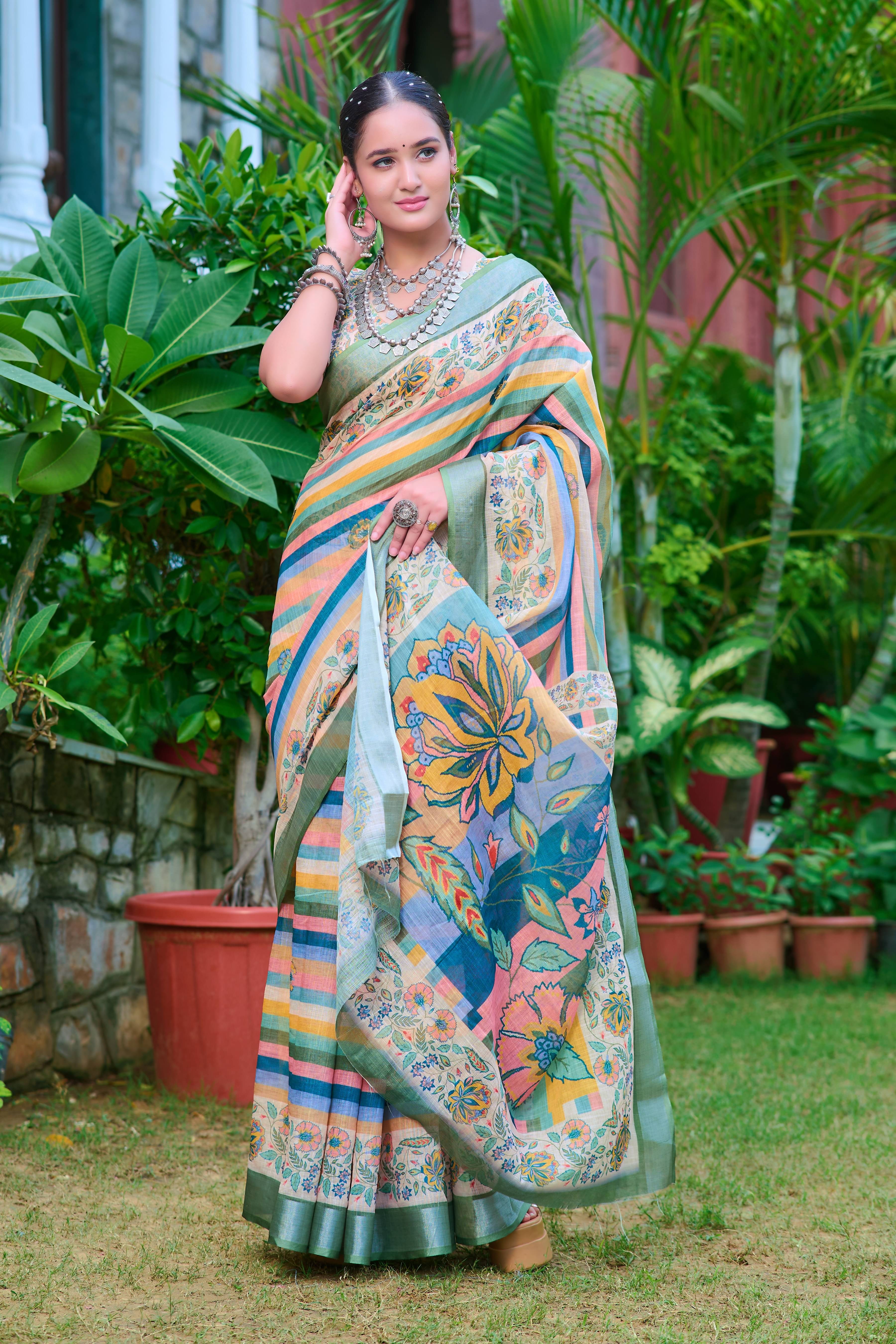     			Sidhidata Cotton Printed Saree With Unstitched Blouse Piece ( Multicolor )