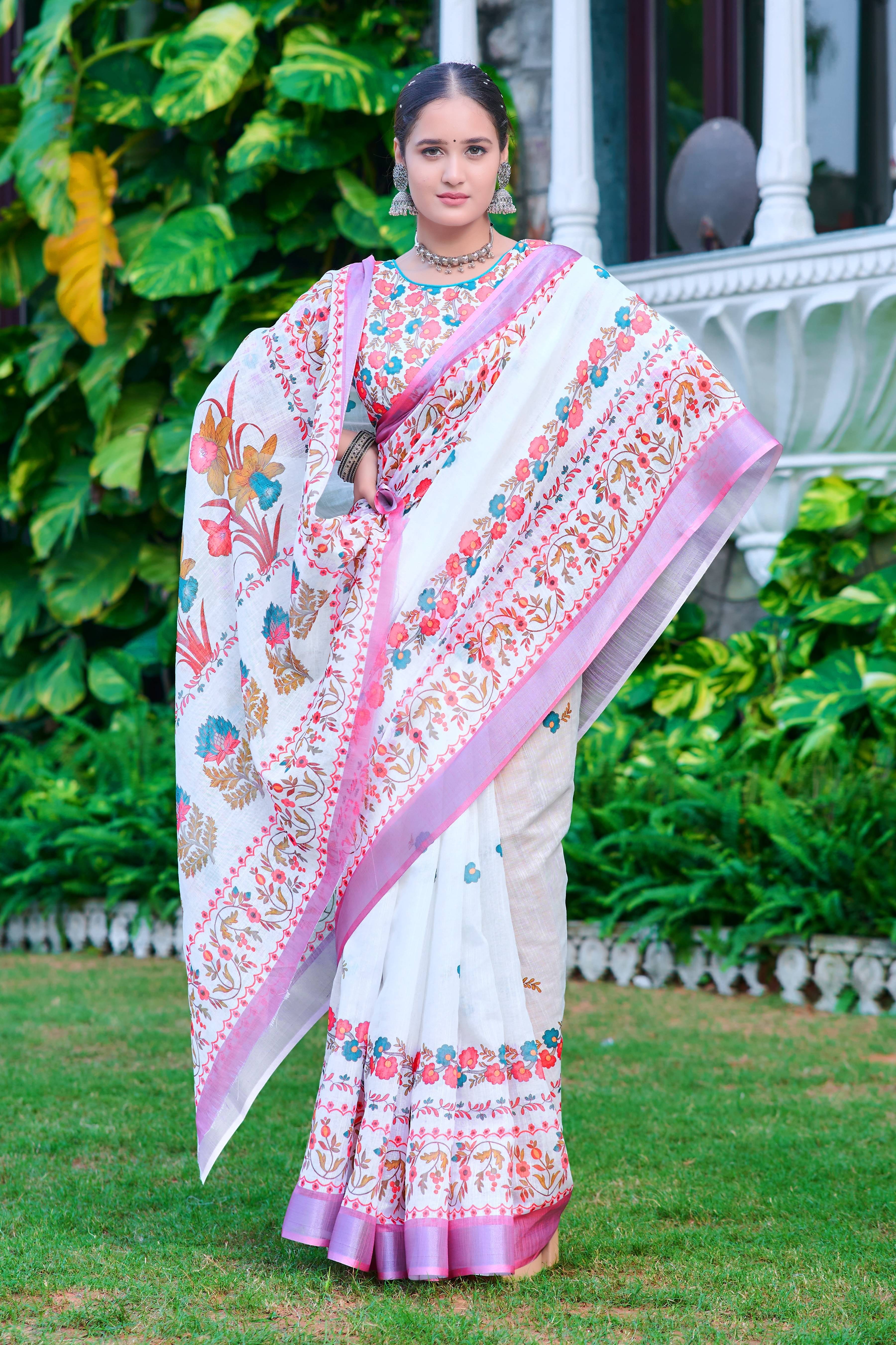 Sidhidata Cotton Printed Saree With Unstitched Blouse Piece ( White )     			Sidhidata Cotton Printed Saree With Unstitched Blouse Piece ( White )