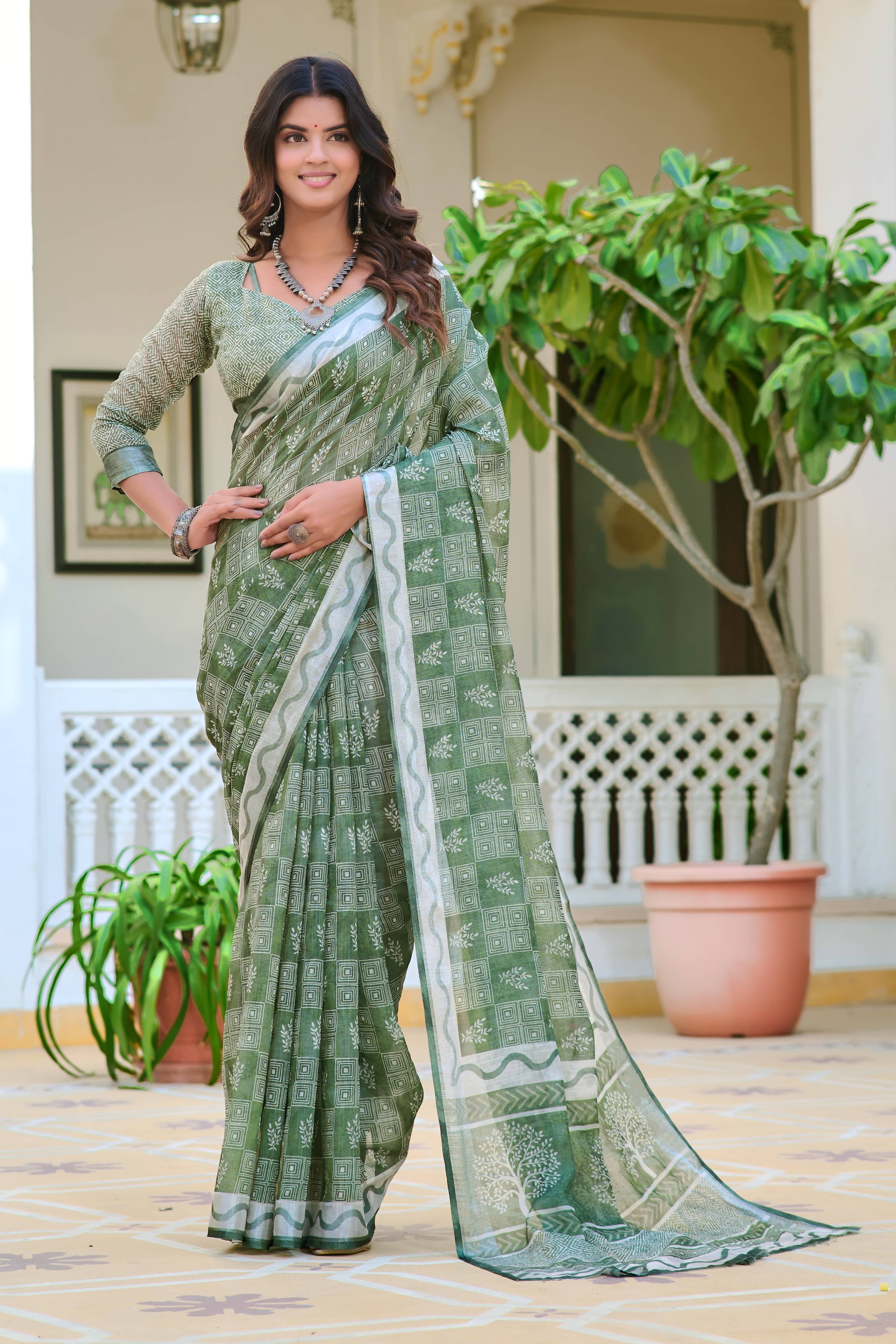     			Sidhidata Cotton Printed Saree With Unstitched Blouse Piece ( Green )