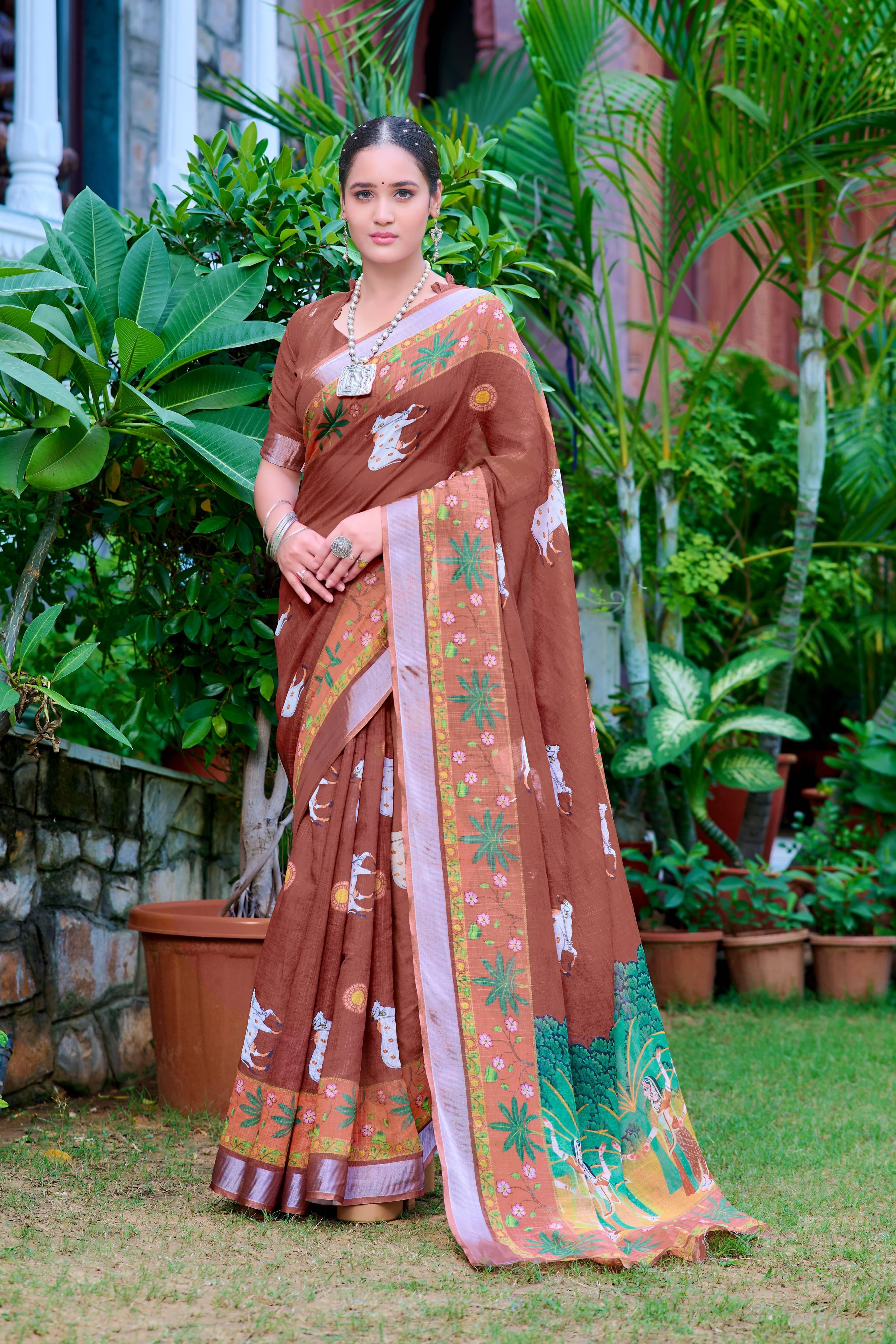     			Sidhidata Cotton Printed Saree With Unstitched Blouse Piece ( Brown )