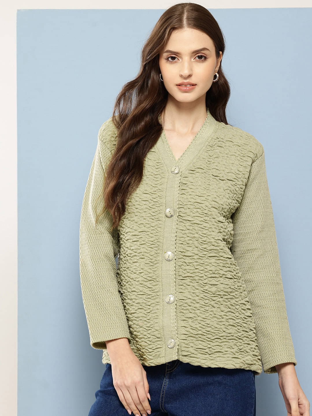     			Aarika Woollen V Neck Women's Buttoned Cardigans - Green ( Single )
