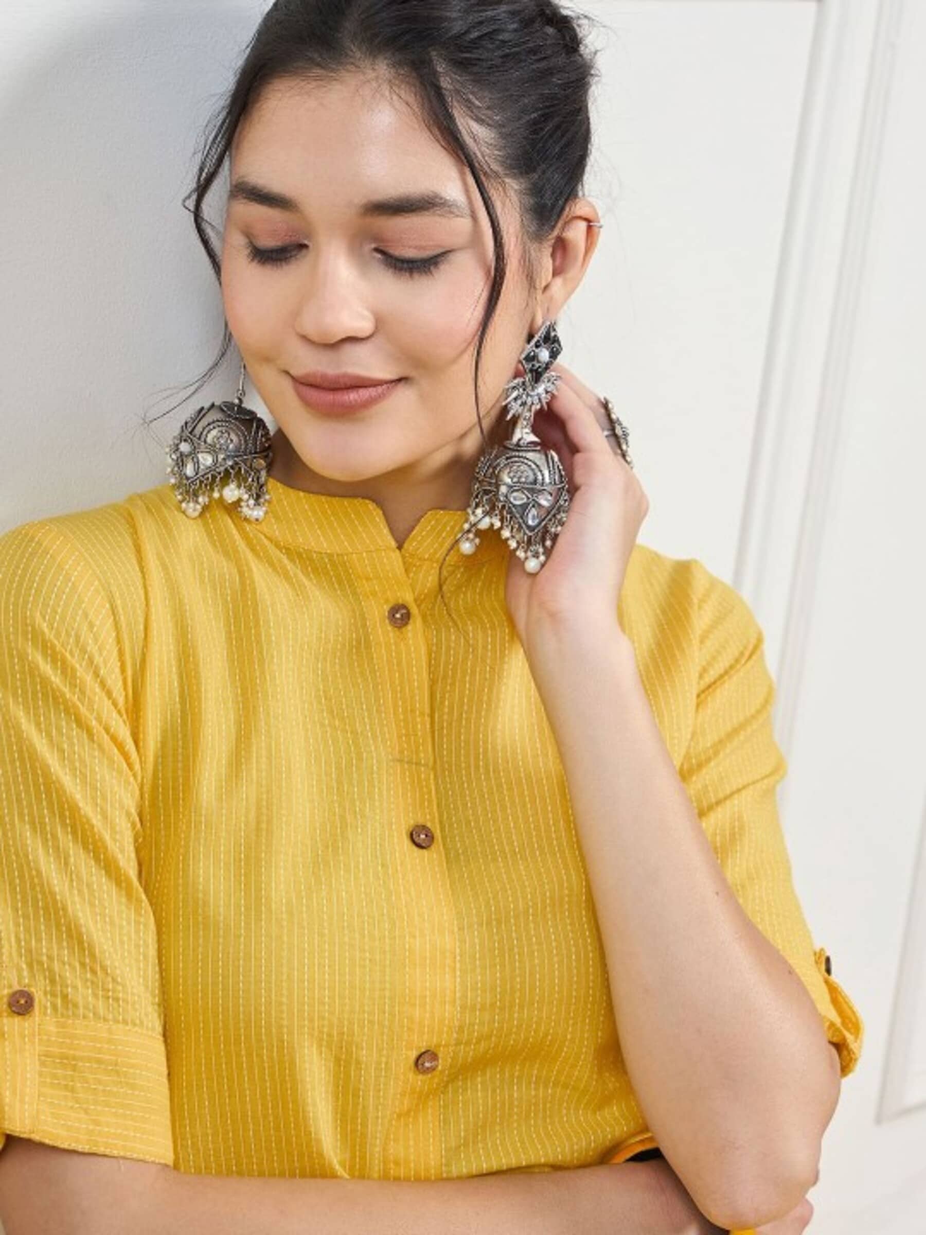 Angvarnika Cotton Striped Kurti With Palazzo Women's Stitched Salwar Suit - Yellow ( Pack of 1 )
