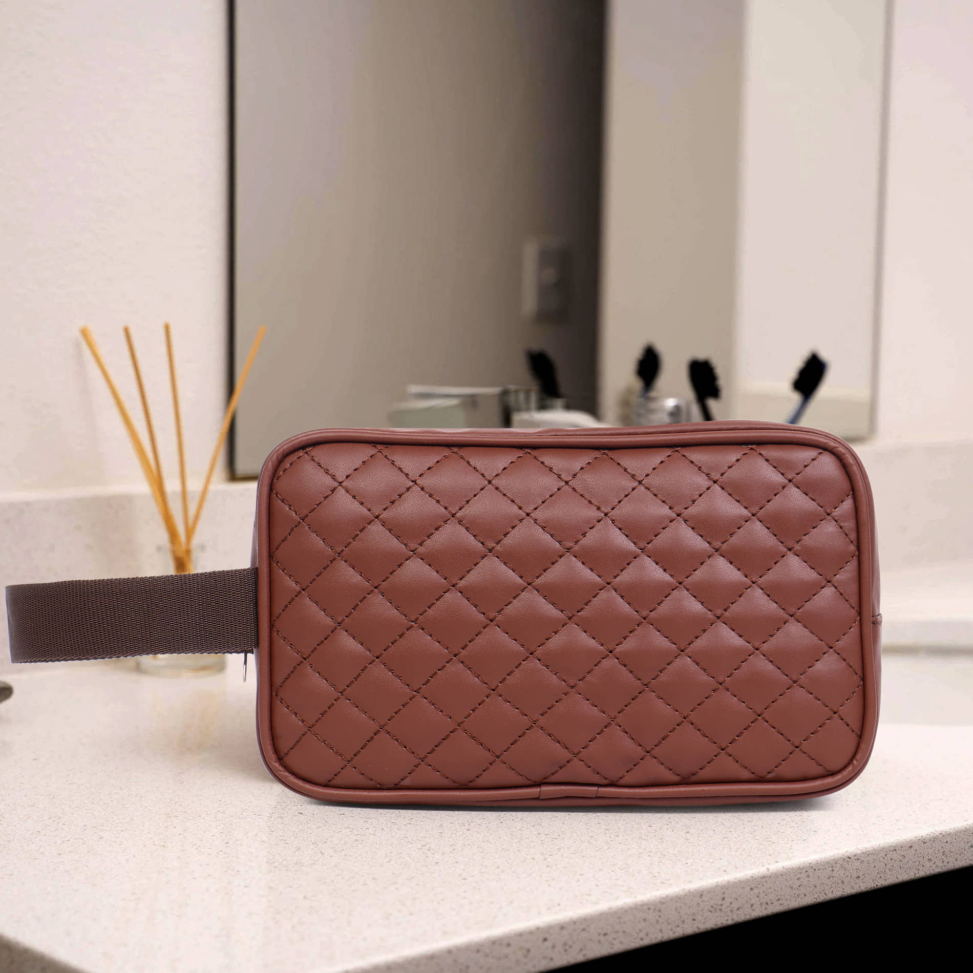ASTUTE Quilted Travel Makeup Cosmetic Pouch Large Pouch with Strap- Brown - Handbags | Buy online on ZillyBuy