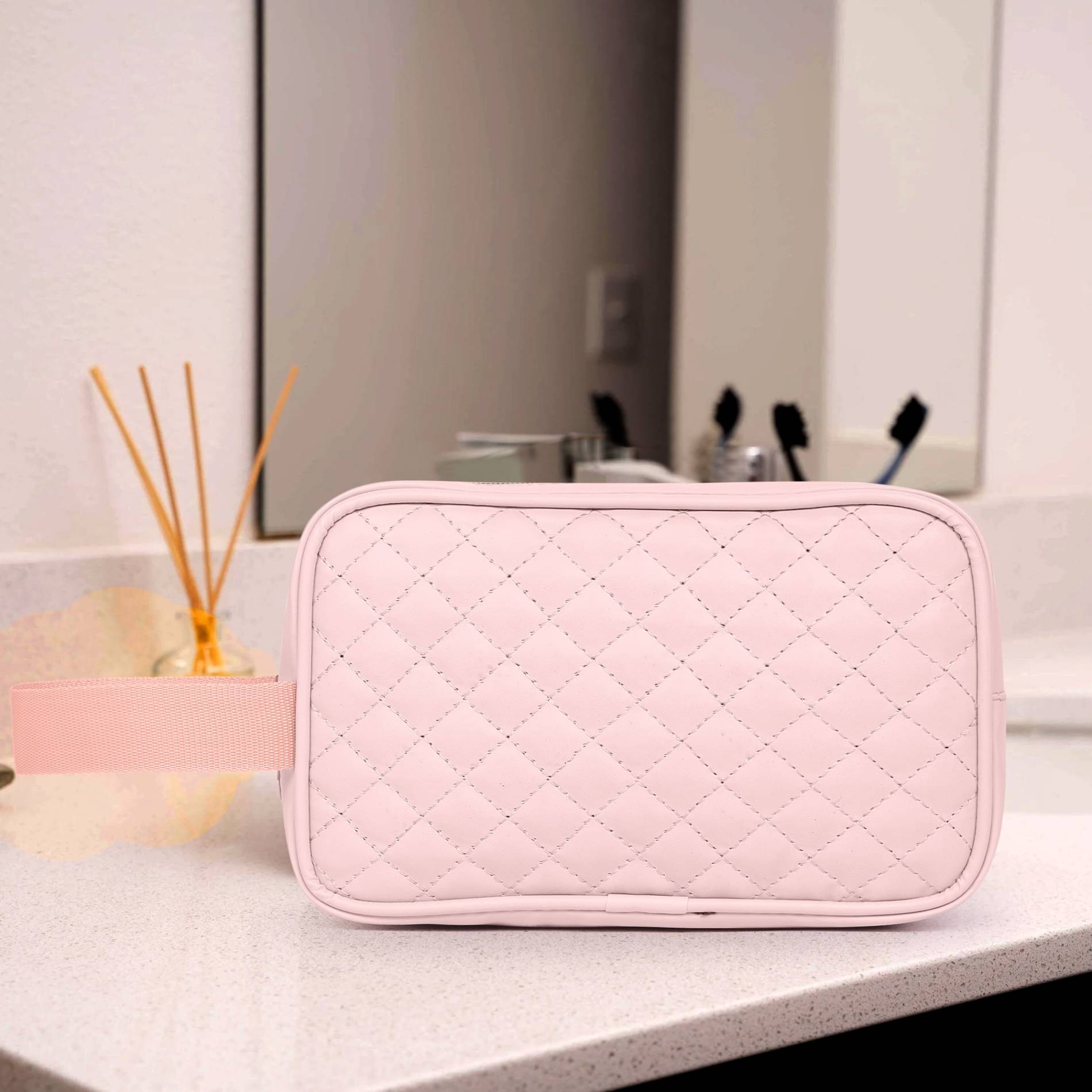 ASTUTE Quilted Travel Makeup Cosmetic Pouch Large Pouch with Strap - Pink ASTUTE Quilted Travel Makeup Cosmetic Pouch Large Pouch with Strap - Pink