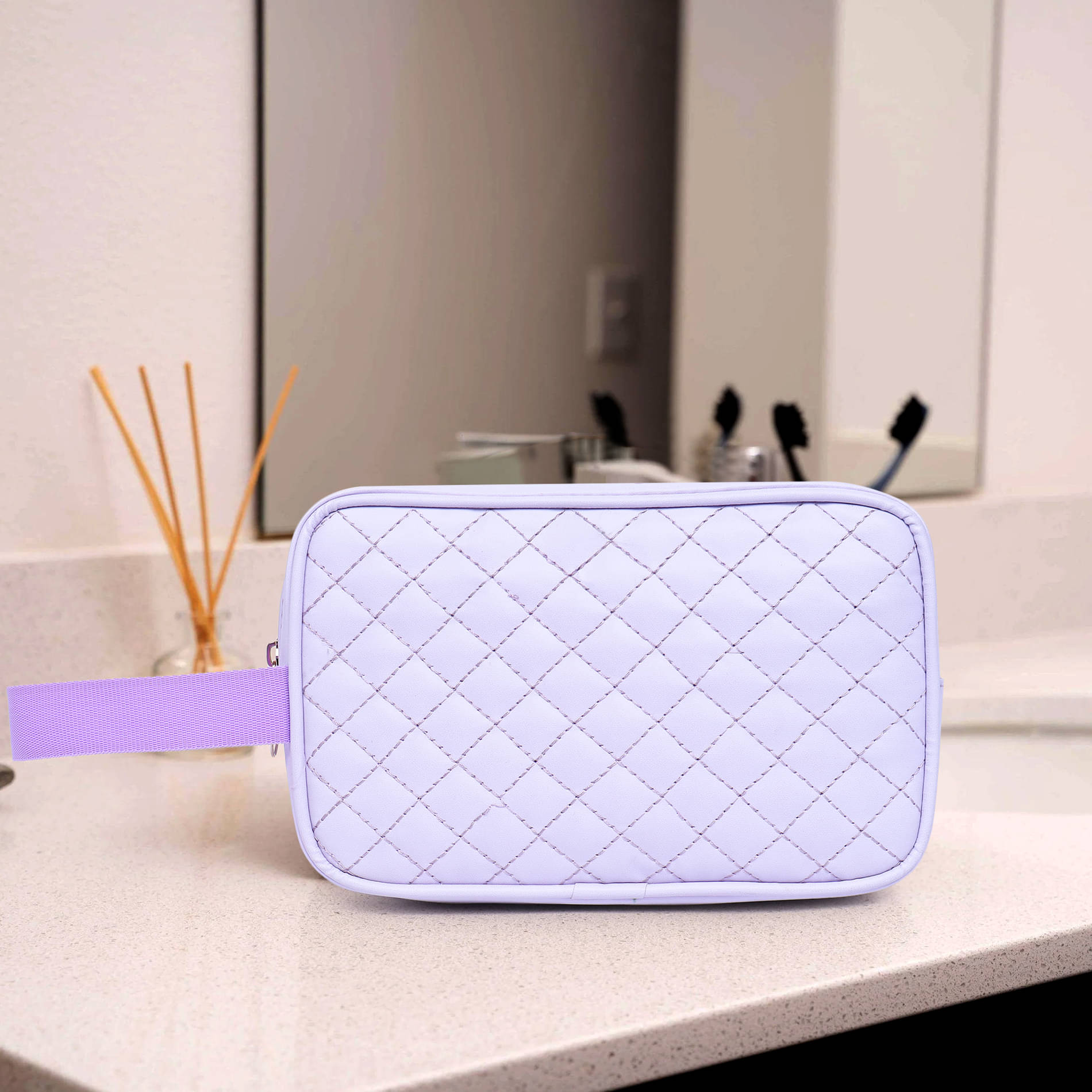 ASTUTE Quilted Travel Makeup Cosmetic Pouch Large Pouch with Strap Lavender ASTUTE Quilted Travel Makeup Cosmetic Pouch Large Pouch with Strap Lavender