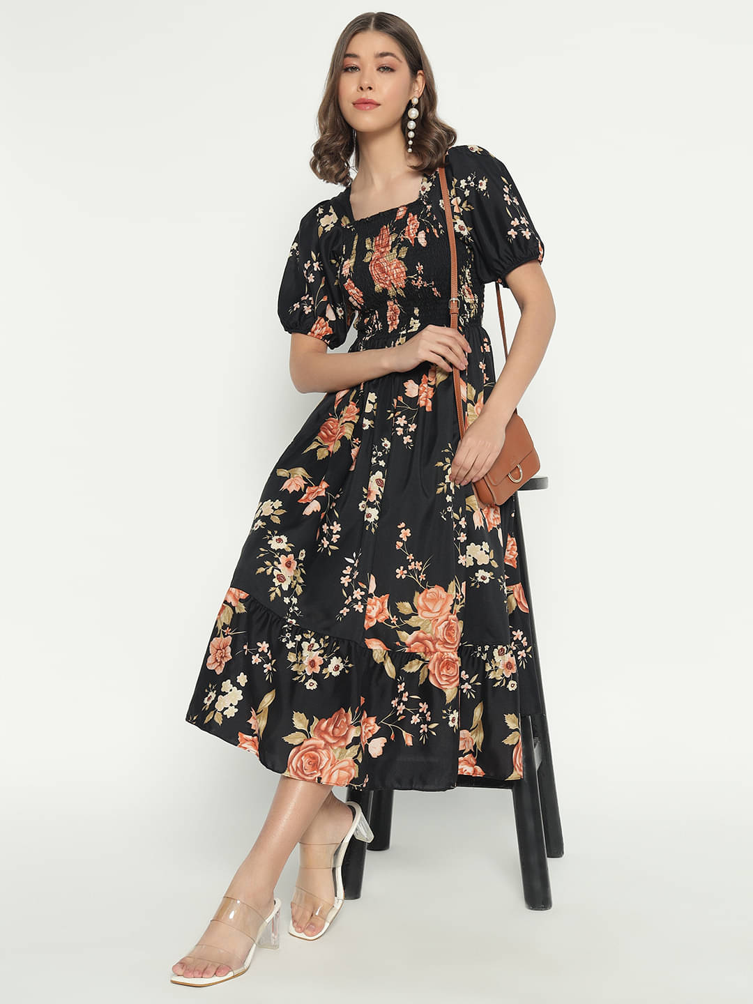JASH CREATION Polyester Printed Midi Women's Fit & Flare Dress - Gold ( Pack of 1 ) JASH CREATION Polyester Printed Midi Women's Fit & Flare Dress - Gold ( Pack of 1 )