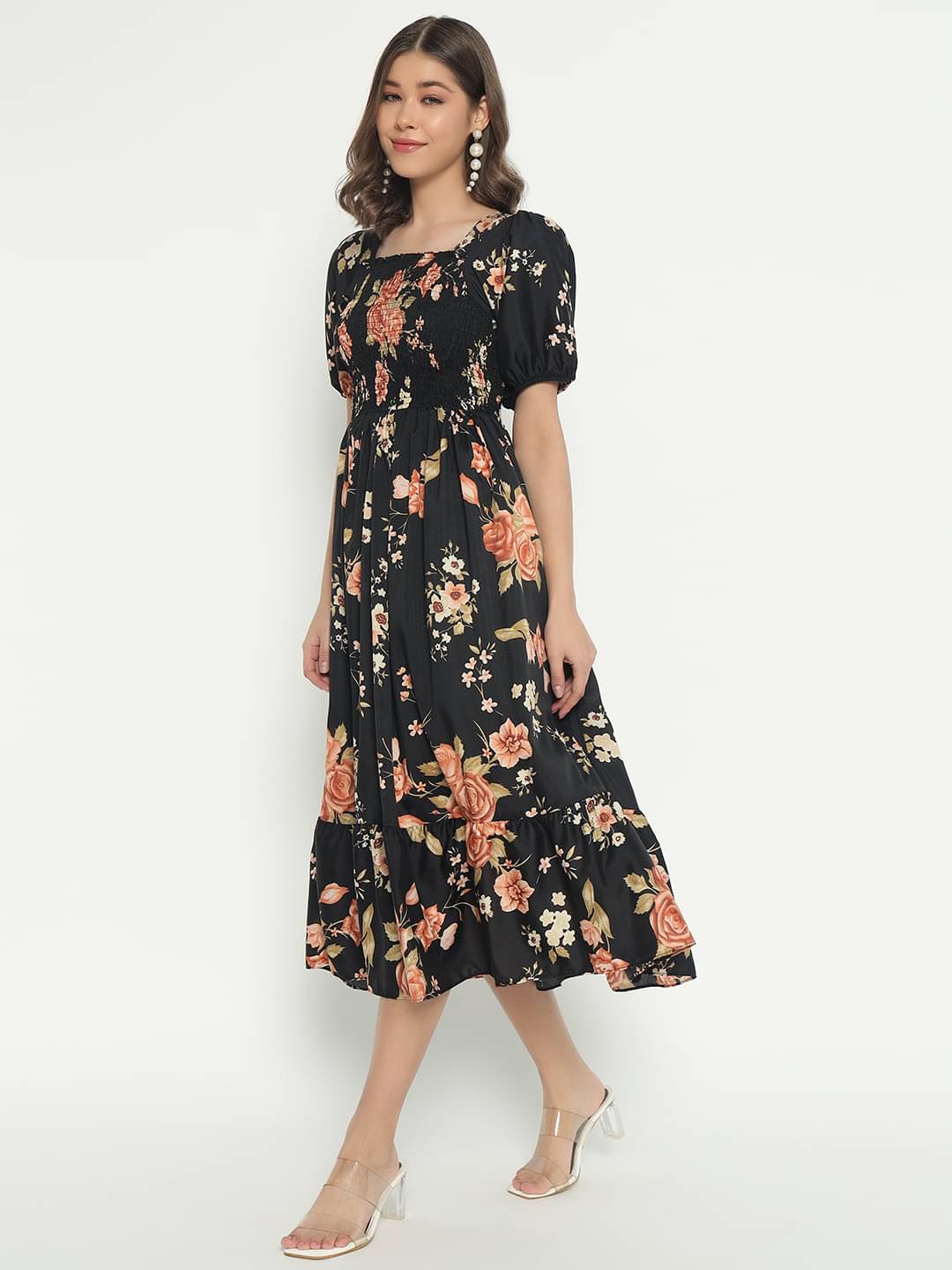     			JASH CREATION Polyester Printed Midi Women's Fit & Flare Dress - Gold ( Pack of 1 )