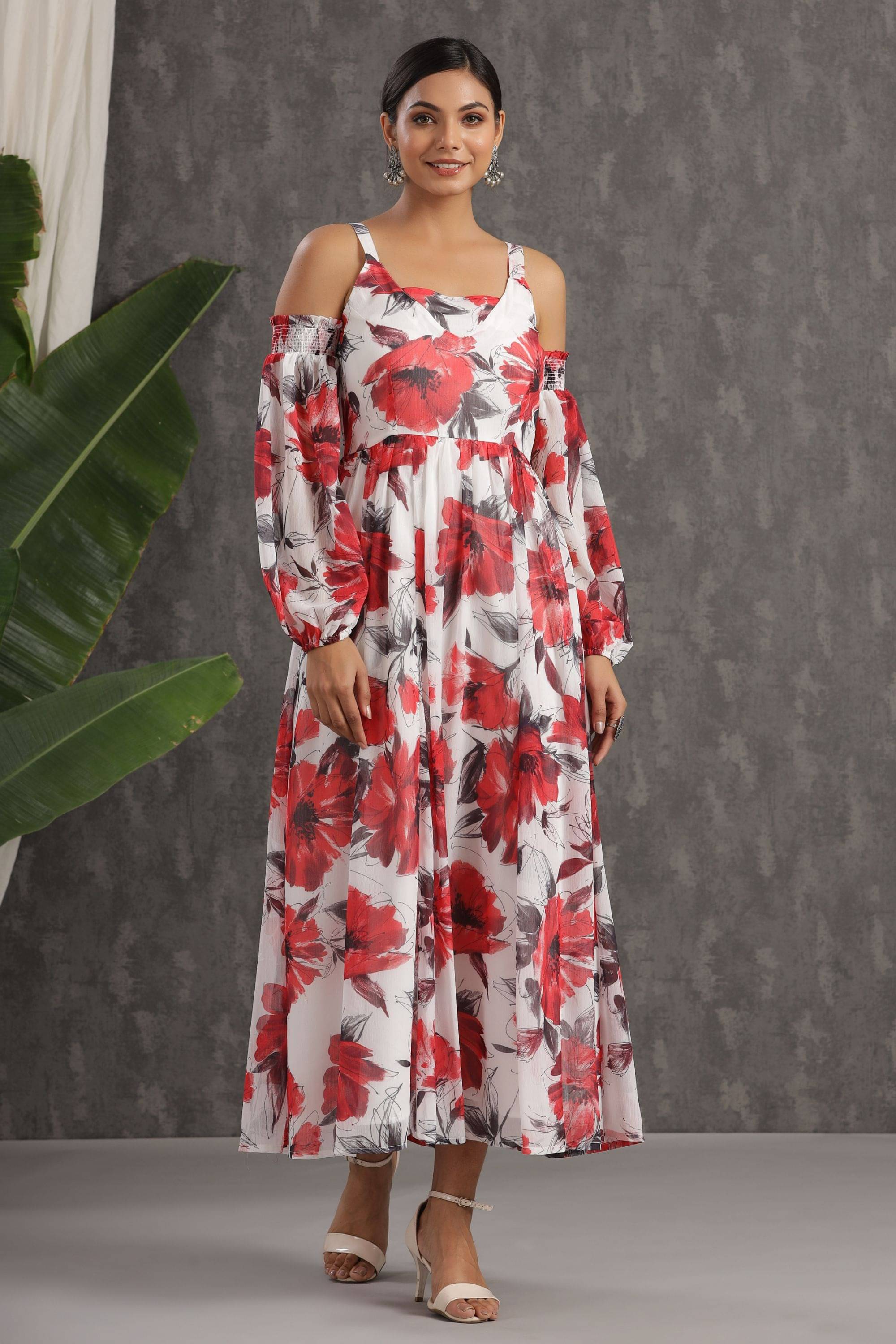 Juniper Chiffon Printed Ankle Length Women's Fit & Flare Dress - White ( Pack of 1 ) Juniper Chiffon Printed Ankle Length Women's Fit & Flare Dress - White ( Pack of 1 )