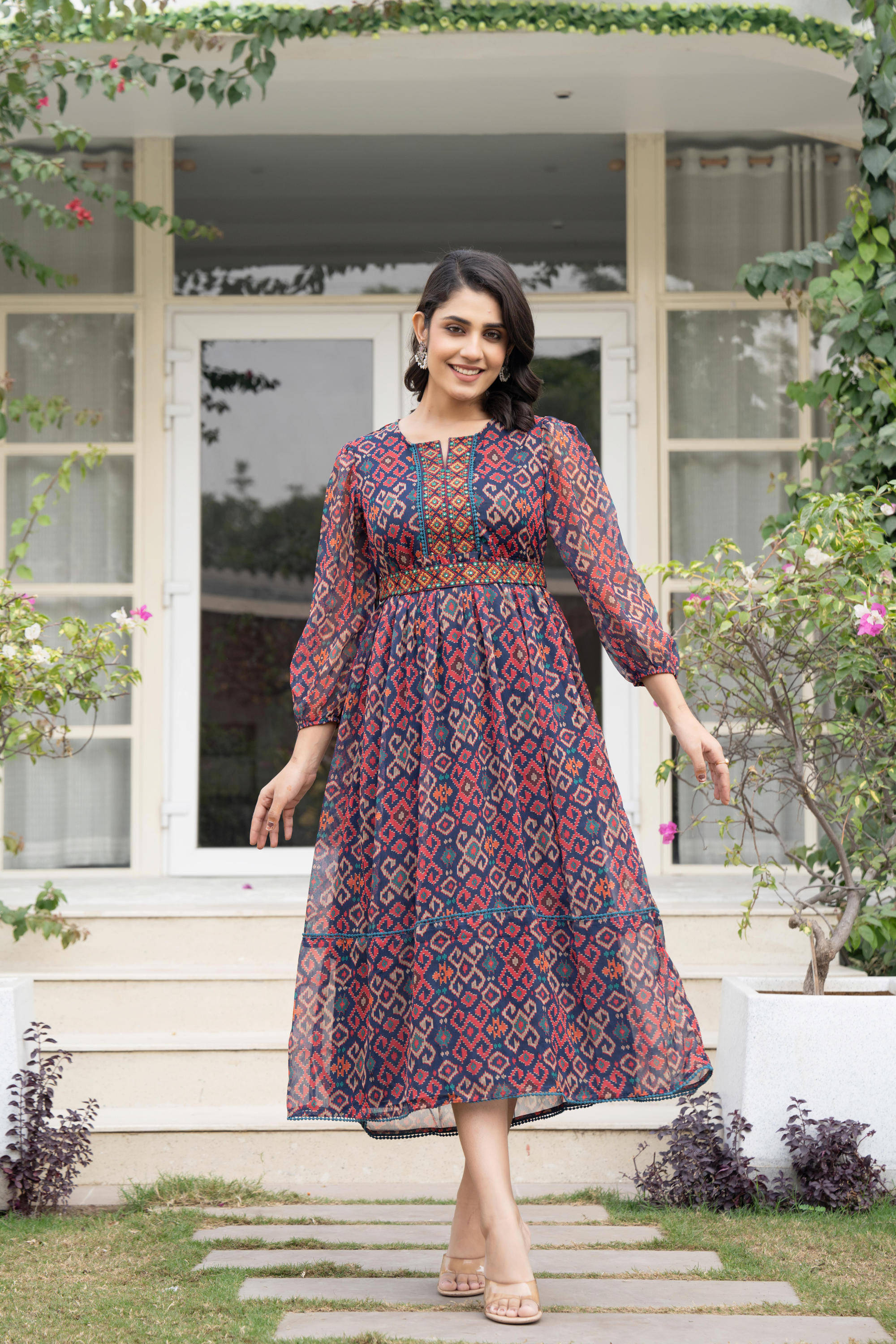     			Juniper Chiffon Printed Calf-Length Women's Fit & Flare Dress - Multi Color ( Pack of 1 )