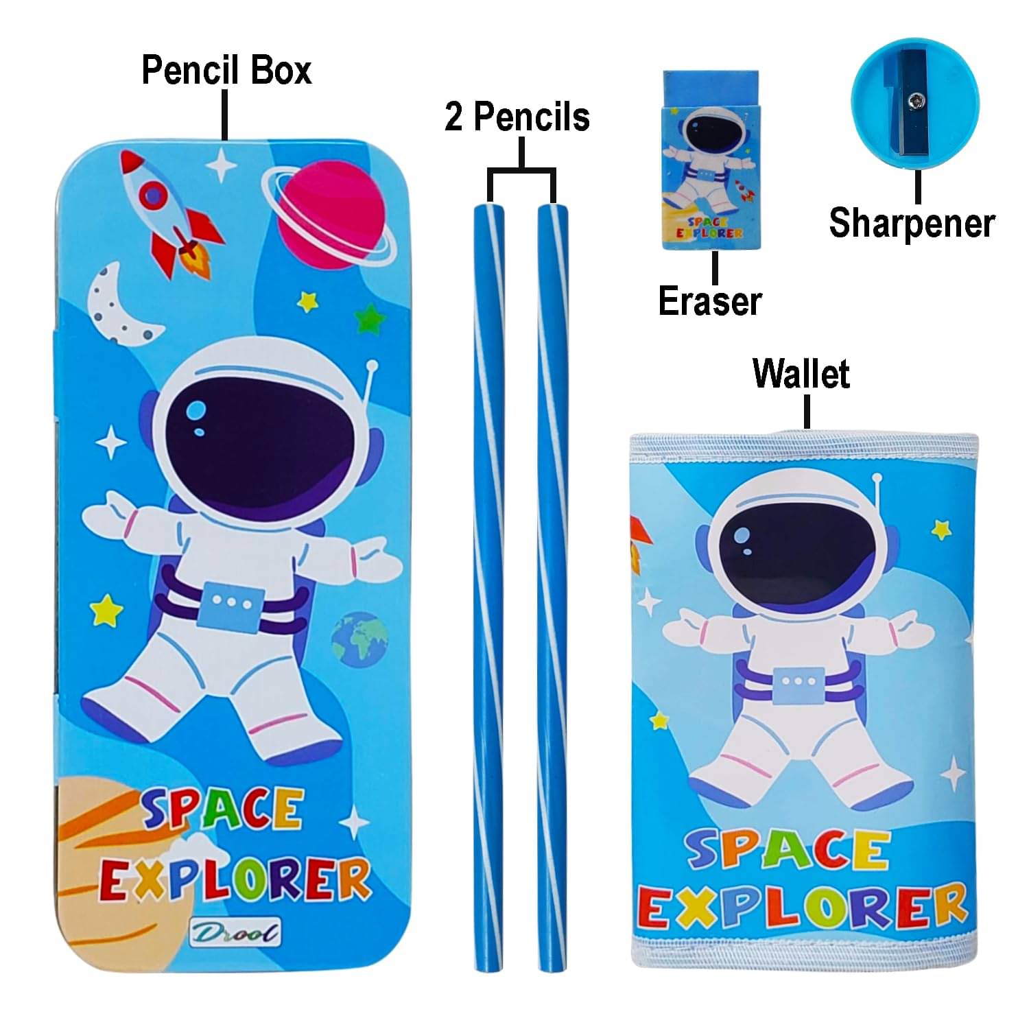     			Kalra Magic Space Stationery Set for Boys Space set kit includes- Pencil Box for Boys for kids , Space Wallet Theme Pencil Eraser Sharpener combo pack for School | Birthday Gift for Boys