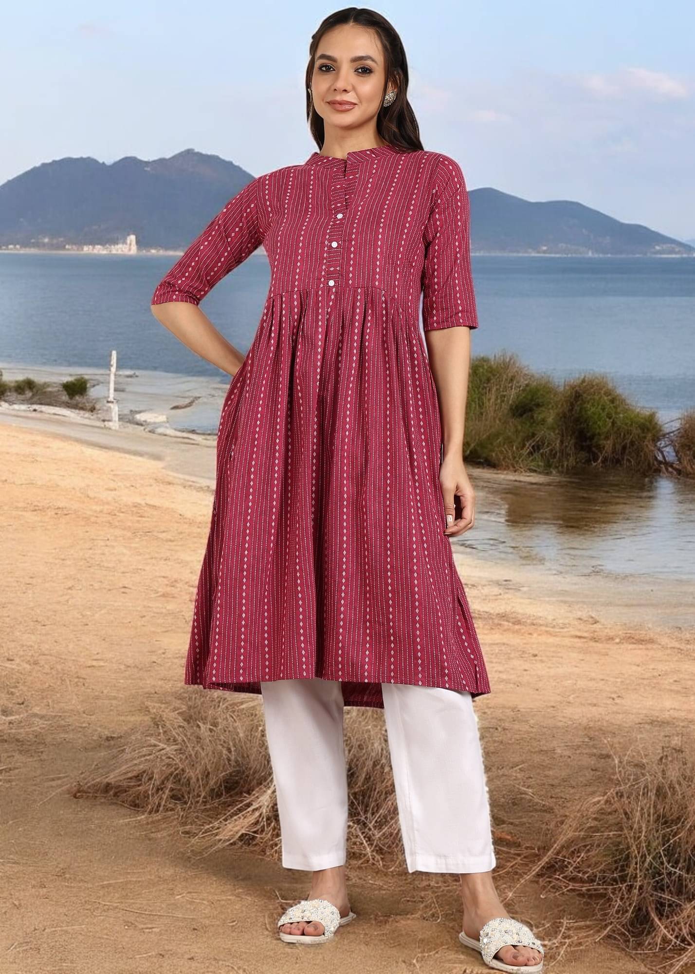 VINHSCAPE Pack of 1 Cotton Embroidered A-line Women's Kurti - ( Multicolor ) VINHSCAPE Pack of 1 Cotton Embroidered A-line Women's Kurti - ( Multicolor )