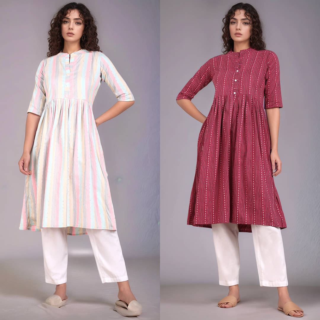 VINHSCAPE Pack of 2 Cotton Embroidered Anarkali Women's Kurti - ( Multicolor ) VINHSCAPE Pack of 2 Cotton Embroidered Anarkali Women's Kurti - ( Multicolor )