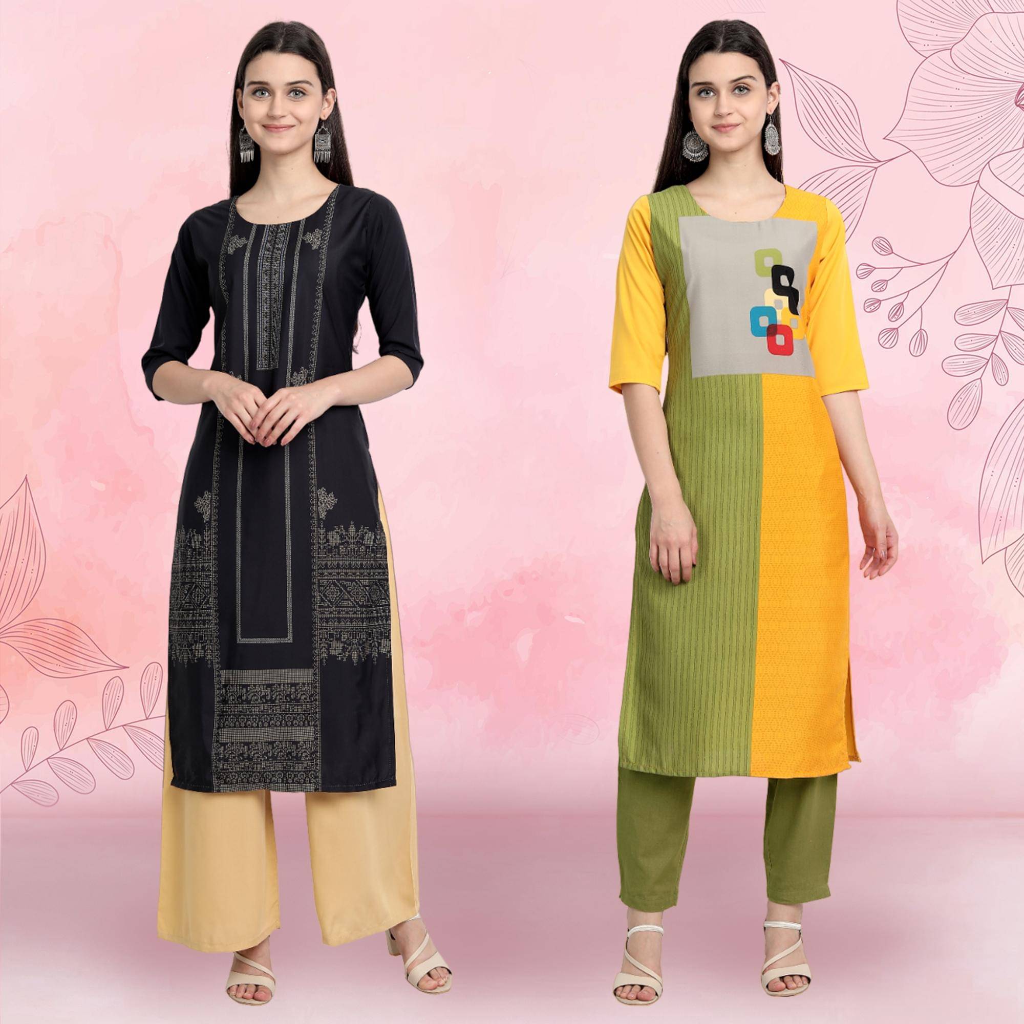 1 Stop Fashion Pack of 2 Crepe Printed Straight Women's Kurti - ( Multicolor4 ) 1 Stop Fashion Pack of 2 Crepe Printed Straight Women's Kurti - ( Multicolor4 )