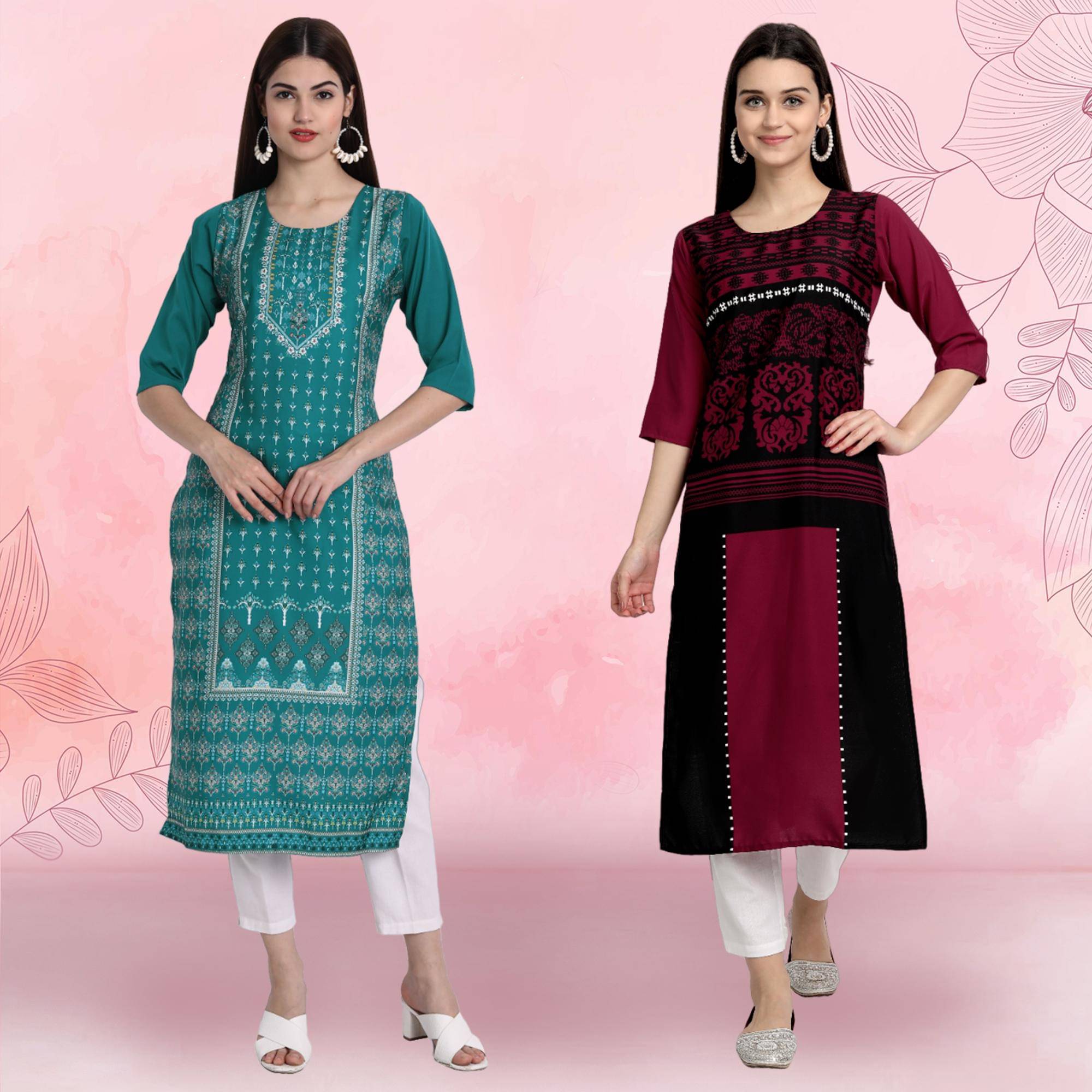 1 Stop Fashion Pack of 2 Crepe Printed Straight Women's Kurti - ( Multicolor3 )     			1 Stop Fashion Pack of 2 Crepe Printed Straight Women's Kurti - ( Multicolor3 )