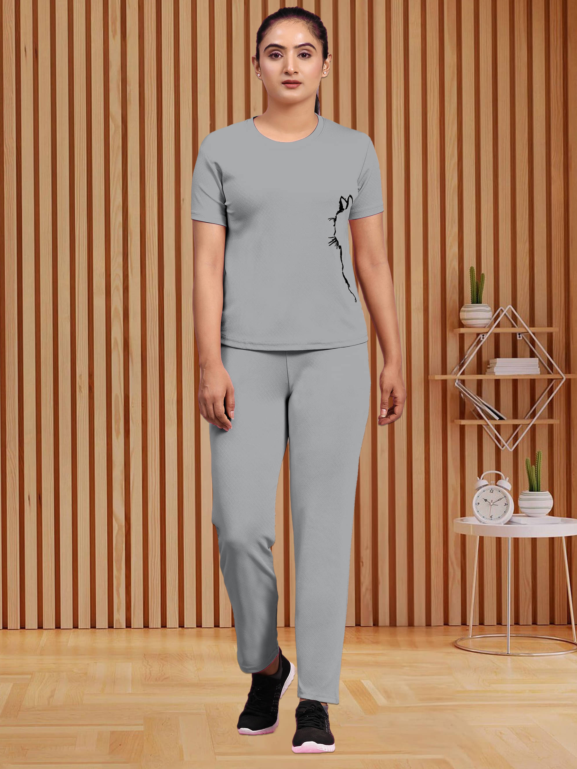     			CUBIQ Grey Cotton Blend Printed Tracksuit - Pack of 1