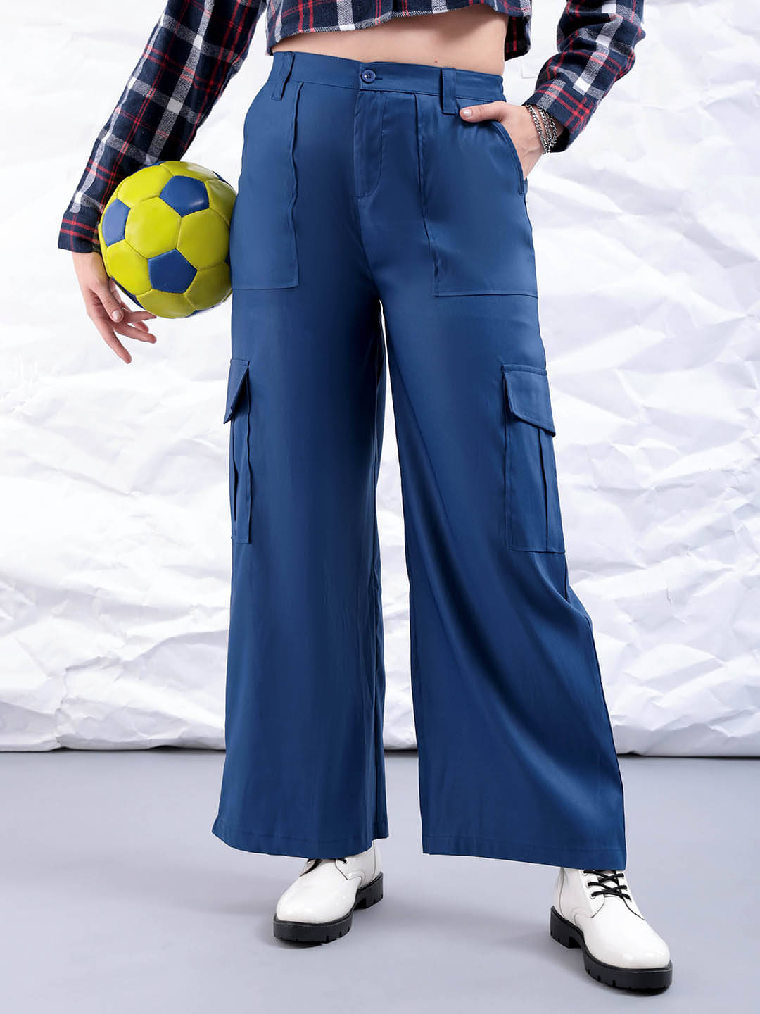     			Freehand Pack of 1 Polyester Flared Women's Cargo Pants ( Blue )