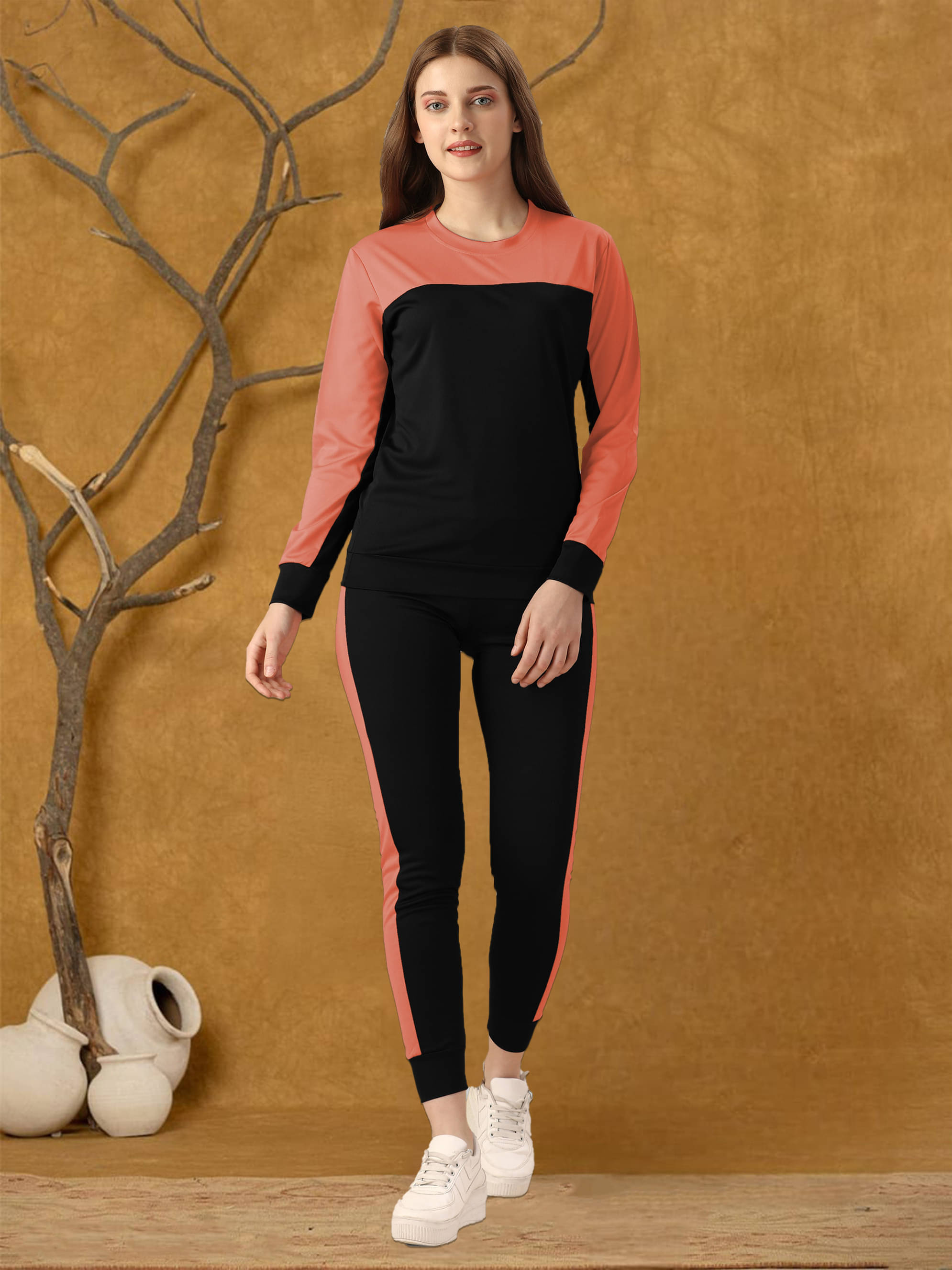     			INFRIM Peach Cotton Blend Striped Tracksuit - Pack of 1