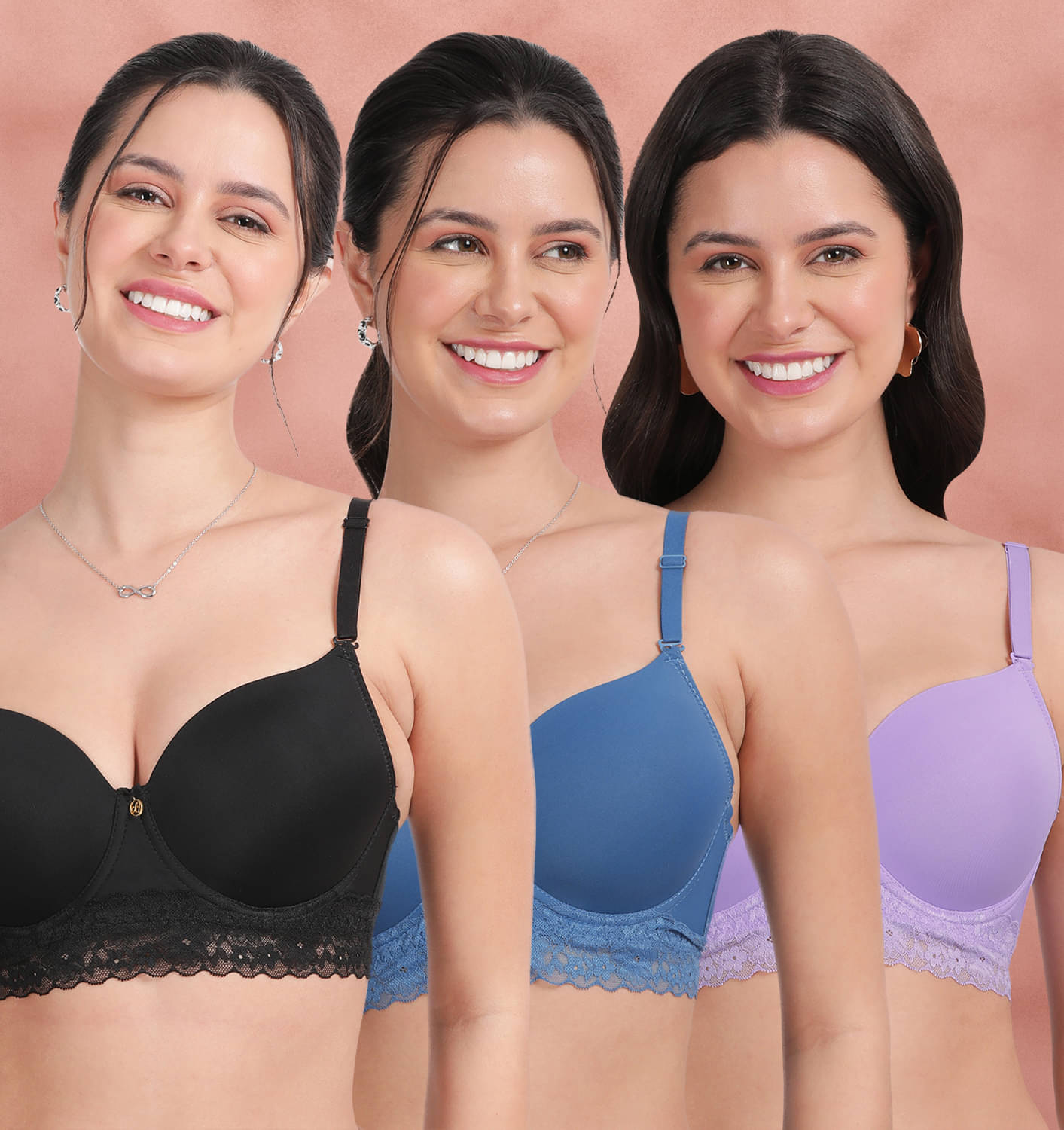 Susie Pack of 3 Nylon Lightly Padded T-Shirt Bra For Women ( Multicolor ) Susie Pack of 3 Nylon Lightly Padded T-Shirt Bra For Women ( Multicolor )