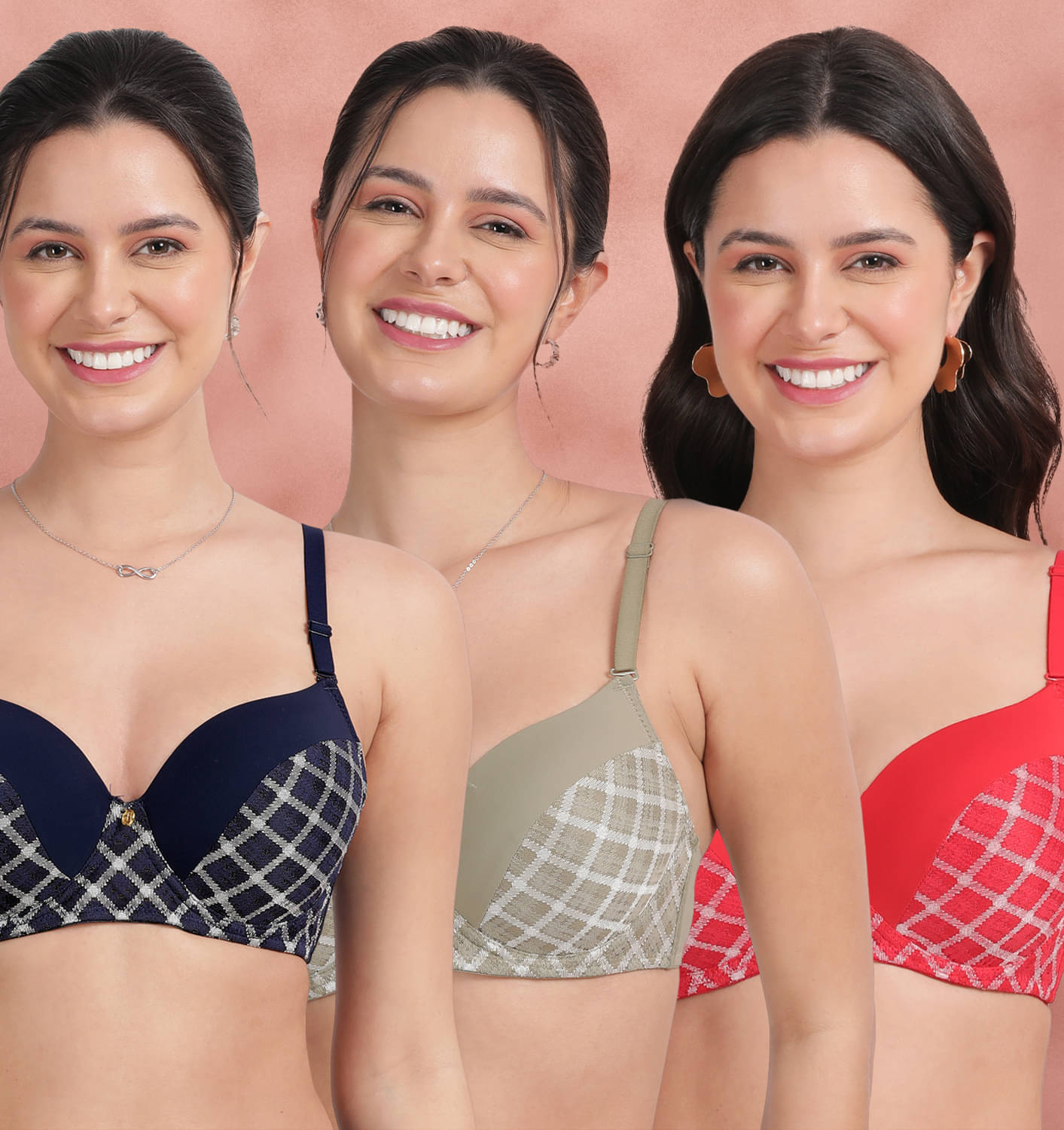 Susie Pack of 3 Nylon Lightly Padded T-Shirt Bra For Women ( Multicolor )     			Susie Pack of 3 Nylon Lightly Padded T-Shirt Bra For Women ( Multicolor )