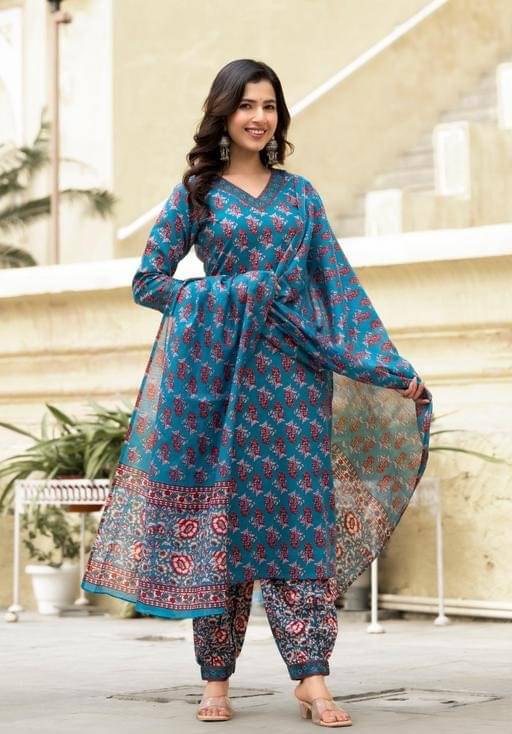     			THE FAB FACTORY Rayon Printed Kurti With Salwar Women's Stitched Salwar Suit - Blue ( Pack of 1 )