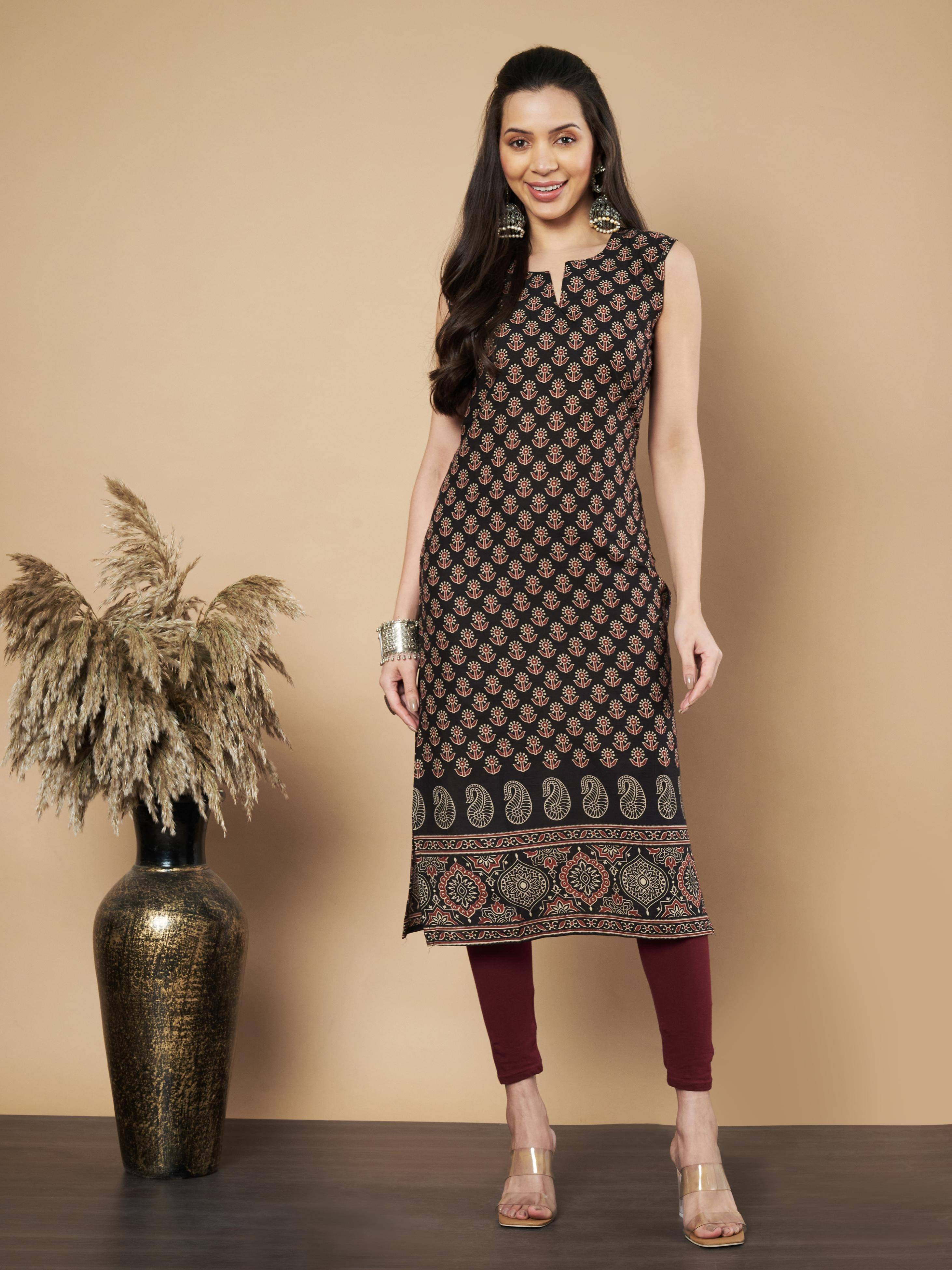     			Vbuyz Pack of 1 Cotton Printed Straight Women's Kurti - ( Black )
