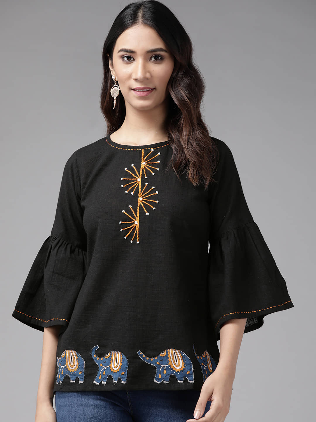 Yash Gallery Women's Cotton Regular Top ( Black )