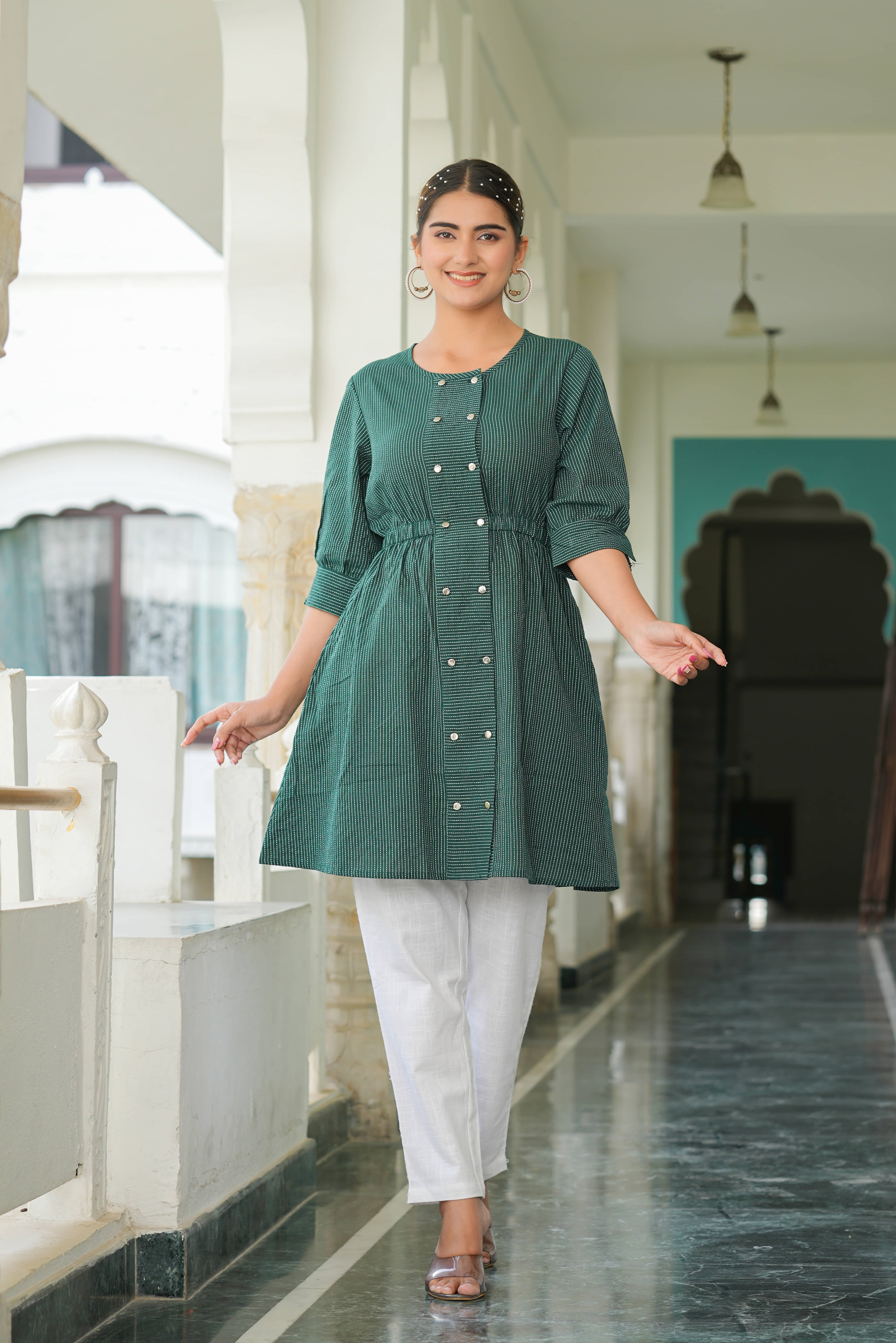 Yash Gallery Women's Cotton A-Line Top ( Green )