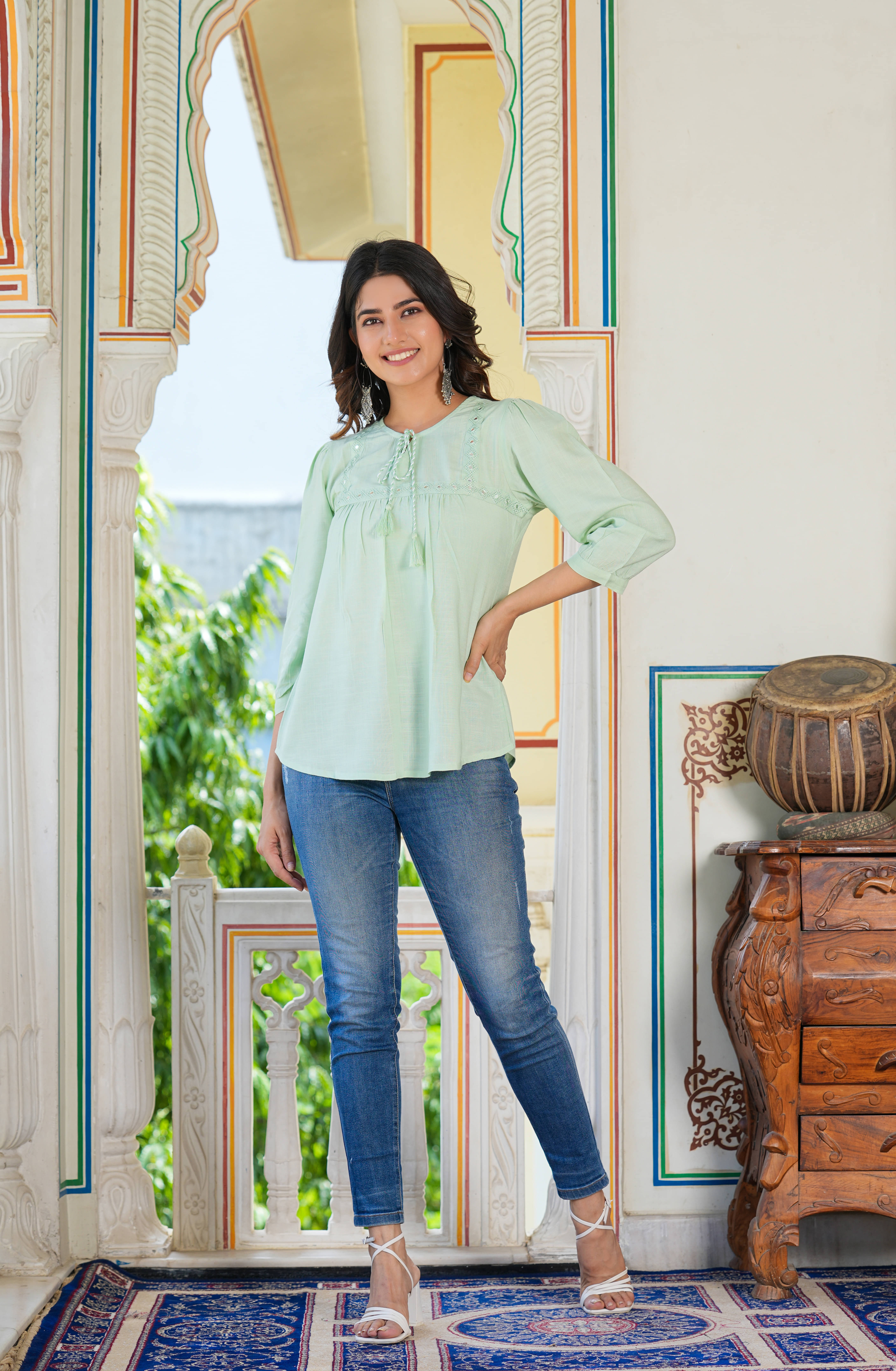     			Yash Gallery Women's Rayon Regular Top ( Green )