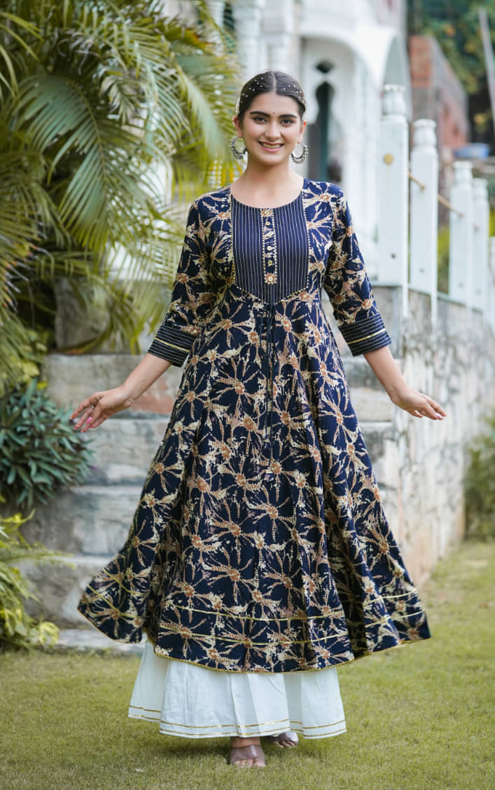 Yash Gallery Pack of 1 Rayon Printed Anarkali Women's Kurti - ( Blue ) Yash Gallery Pack of 1 Rayon Printed Anarkali Women's Kurti - ( Blue )