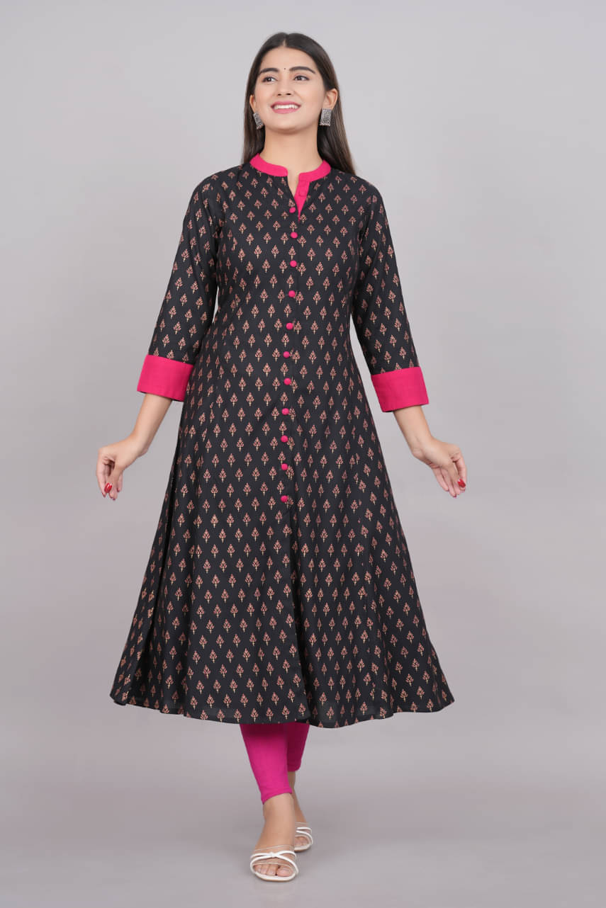 Yash Gallery Pack of 1 Rayon Printed Anarkali Women's Kurti - ( Black ) Yash Gallery Pack of 1 Rayon Printed Anarkali Women's Kurti - ( Black )