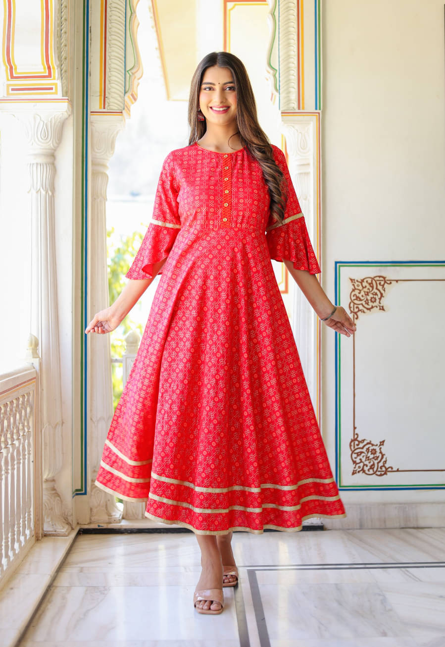 Yash Gallery Pack of 1 Rayon Printed Anarkali Women's Kurti - ( Pink ) Yash Gallery Pack of 1 Rayon Printed Anarkali Women's Kurti - ( Pink )